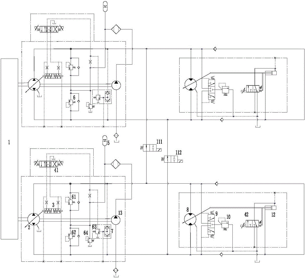 Land leveller traveling hydraulic driving system with parallel connection of double pumps and double motors