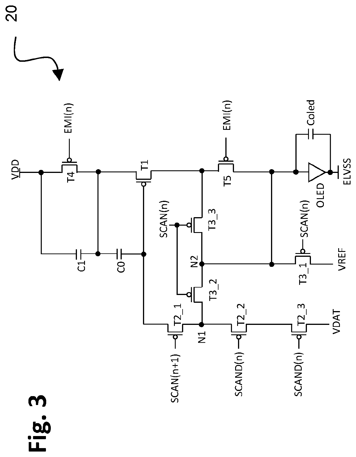 TFT pixel threshold voltage compensation circuit with short programming time