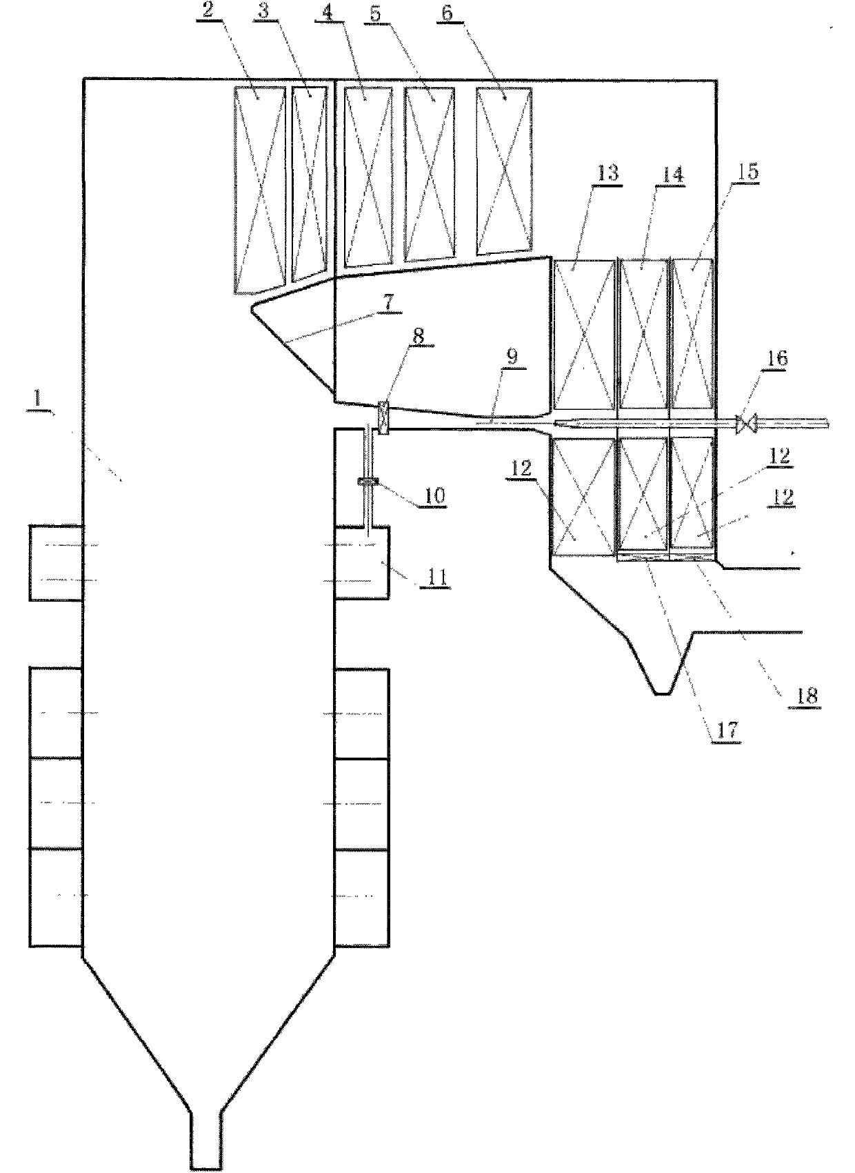 Double reheat power station boiler with three rear flues and double rear baffles and capable of recycling jet flow flue gas