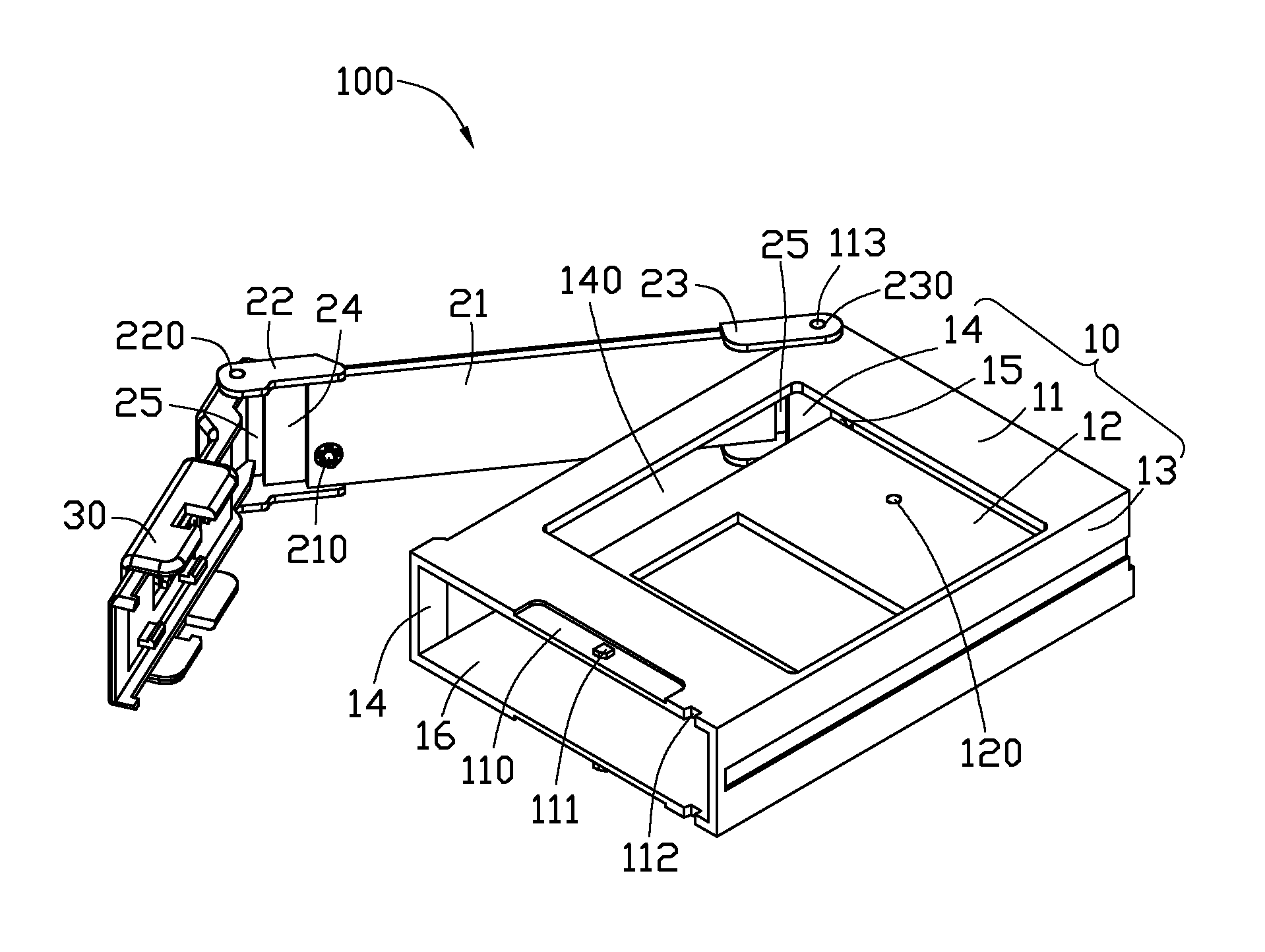 Housing with rotation arm and panel for securing hard disk drive therein