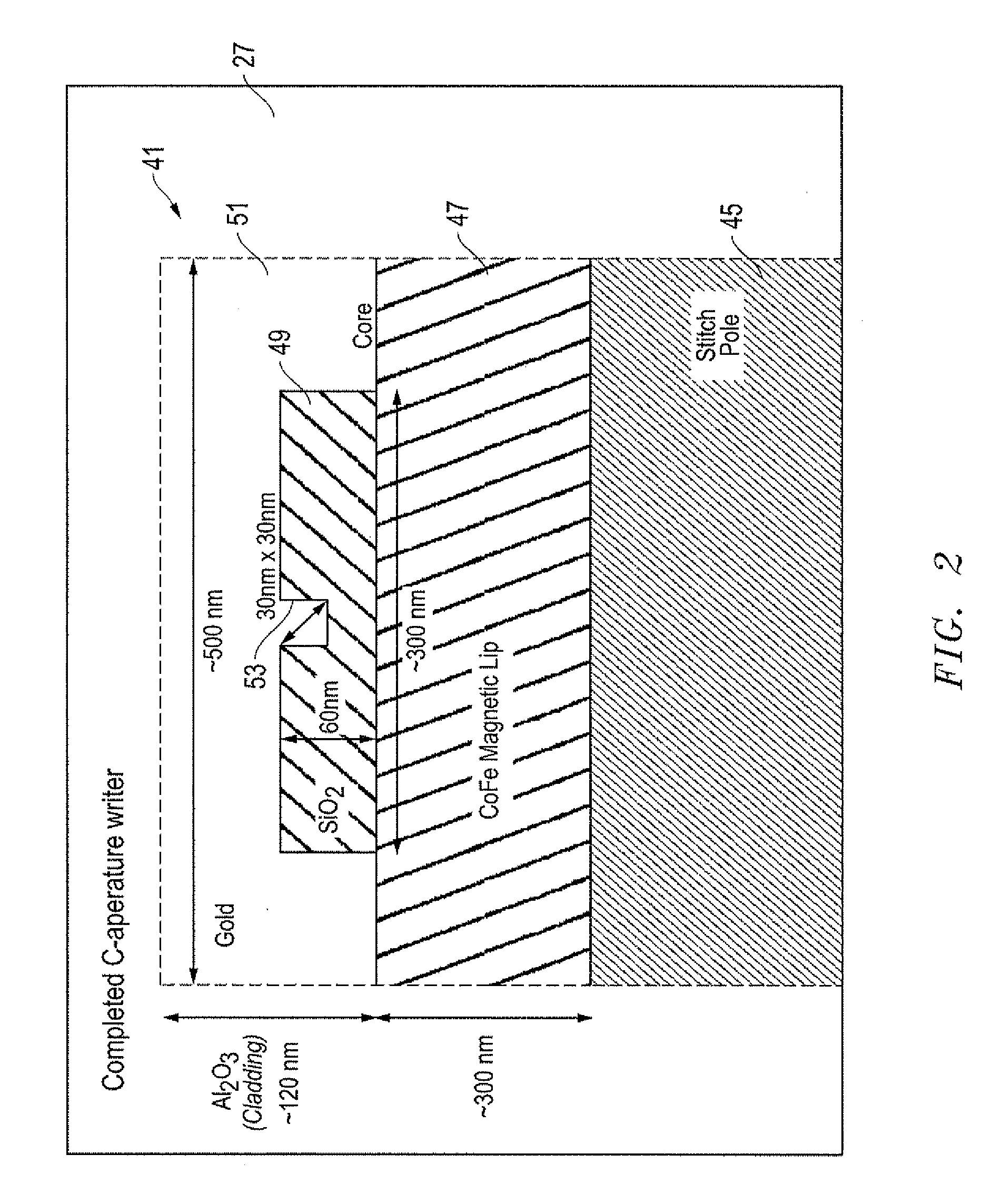 System, method and apparatus for fabricating a c-aperture or e-antenna plasmonic near field source for thermal assisted recording applications