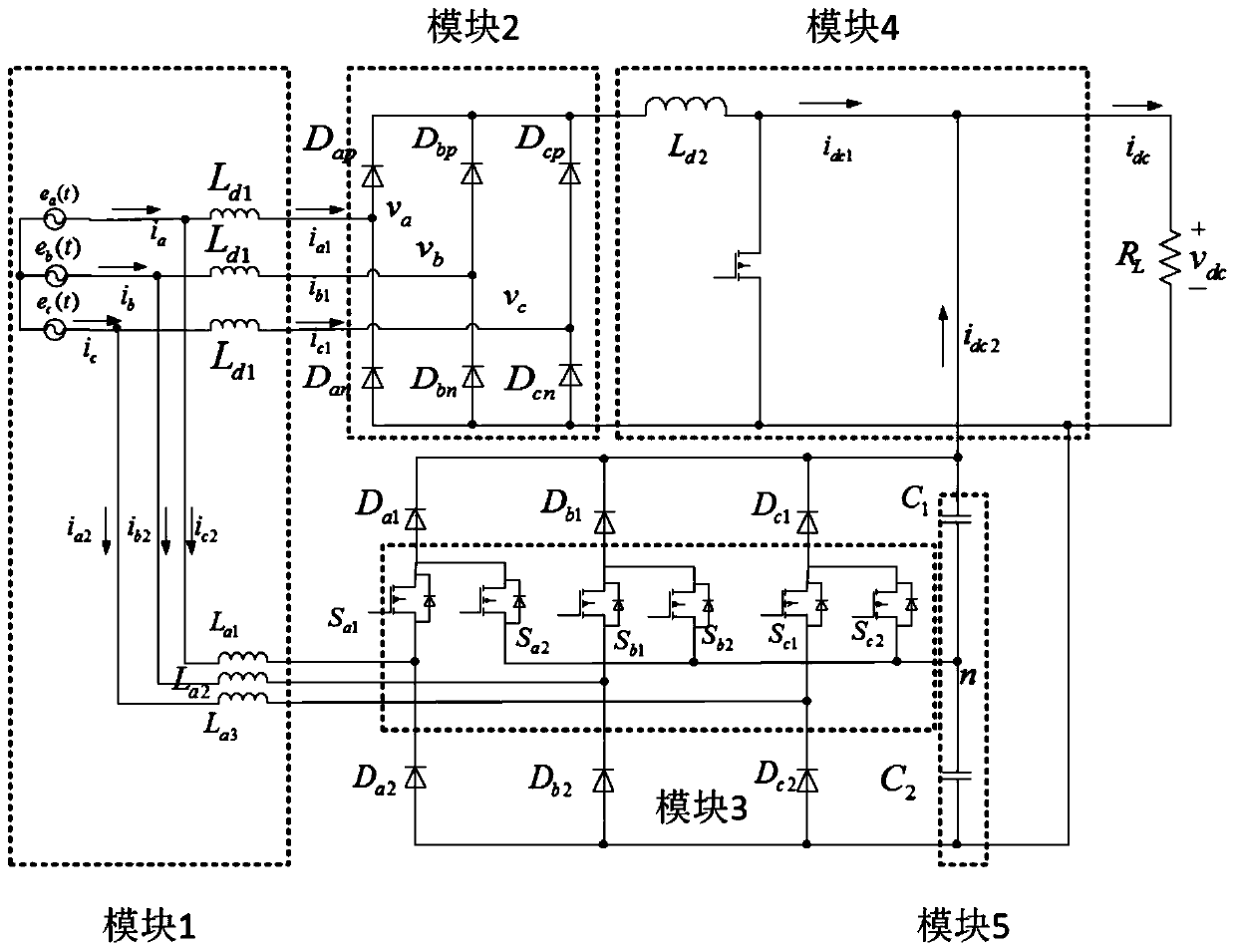 A unidirectional hybrid three-phase three-level rectifier