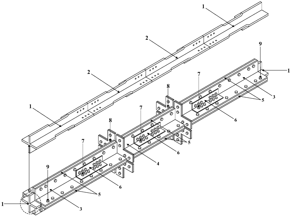 Fully assembled segmented anti-buckling supporting member with crossed cores capable of being directly replaced