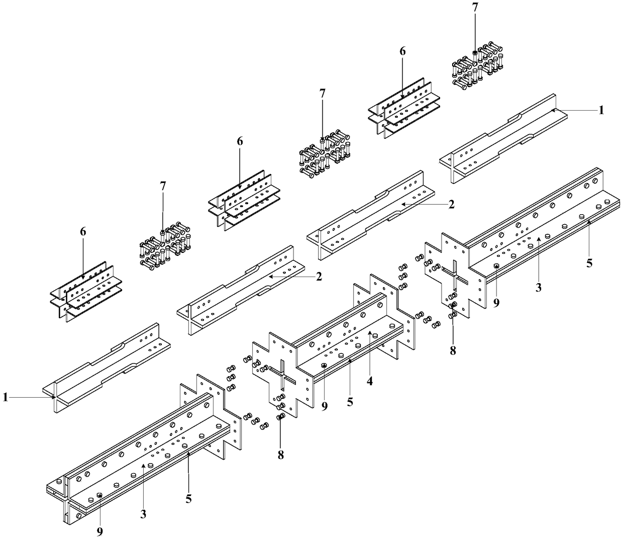 Fully assembled segmented anti-buckling supporting member with crossed cores capable of being directly replaced