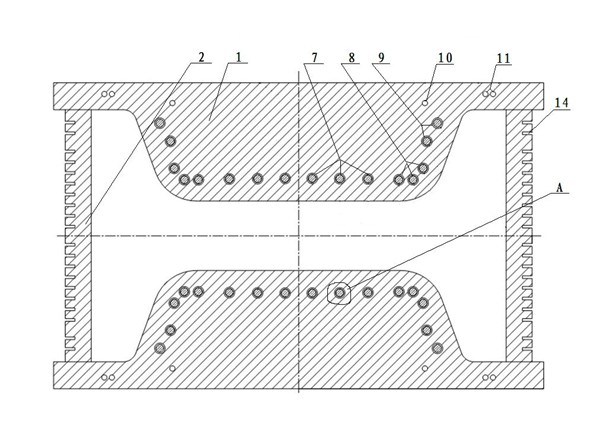 Water cooling channel for large beam blank continuous casting crystallizer