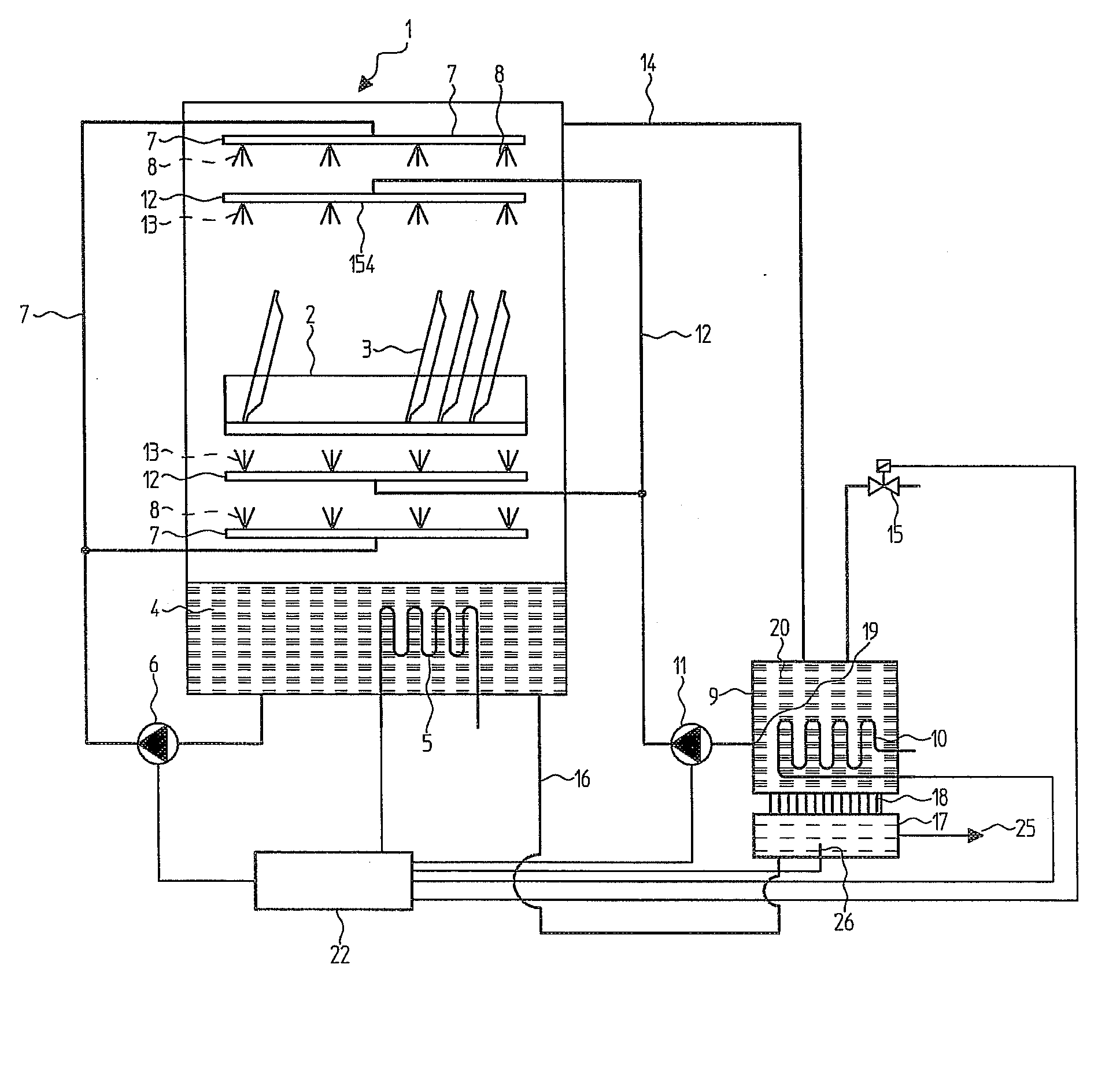 Batch dishwasher with waste water heat recovery