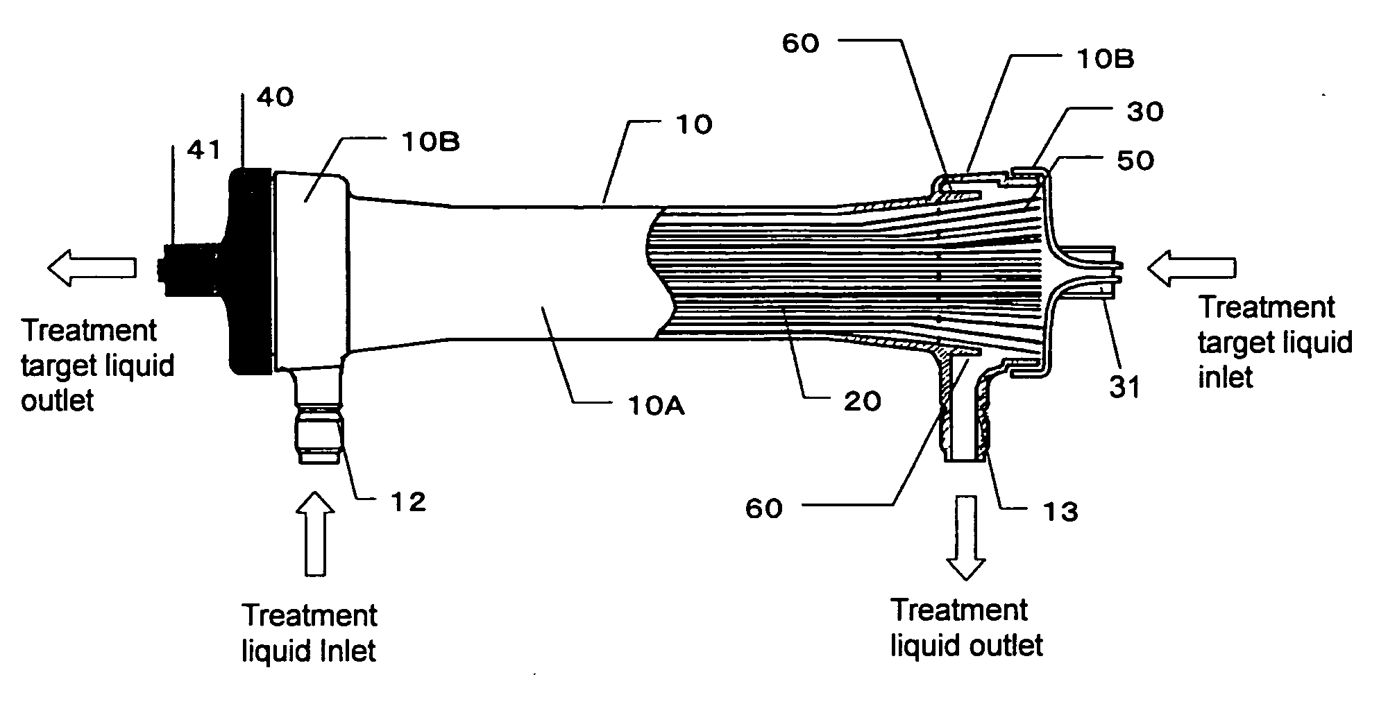 Body fluid treating device of hollow fiber membrane type