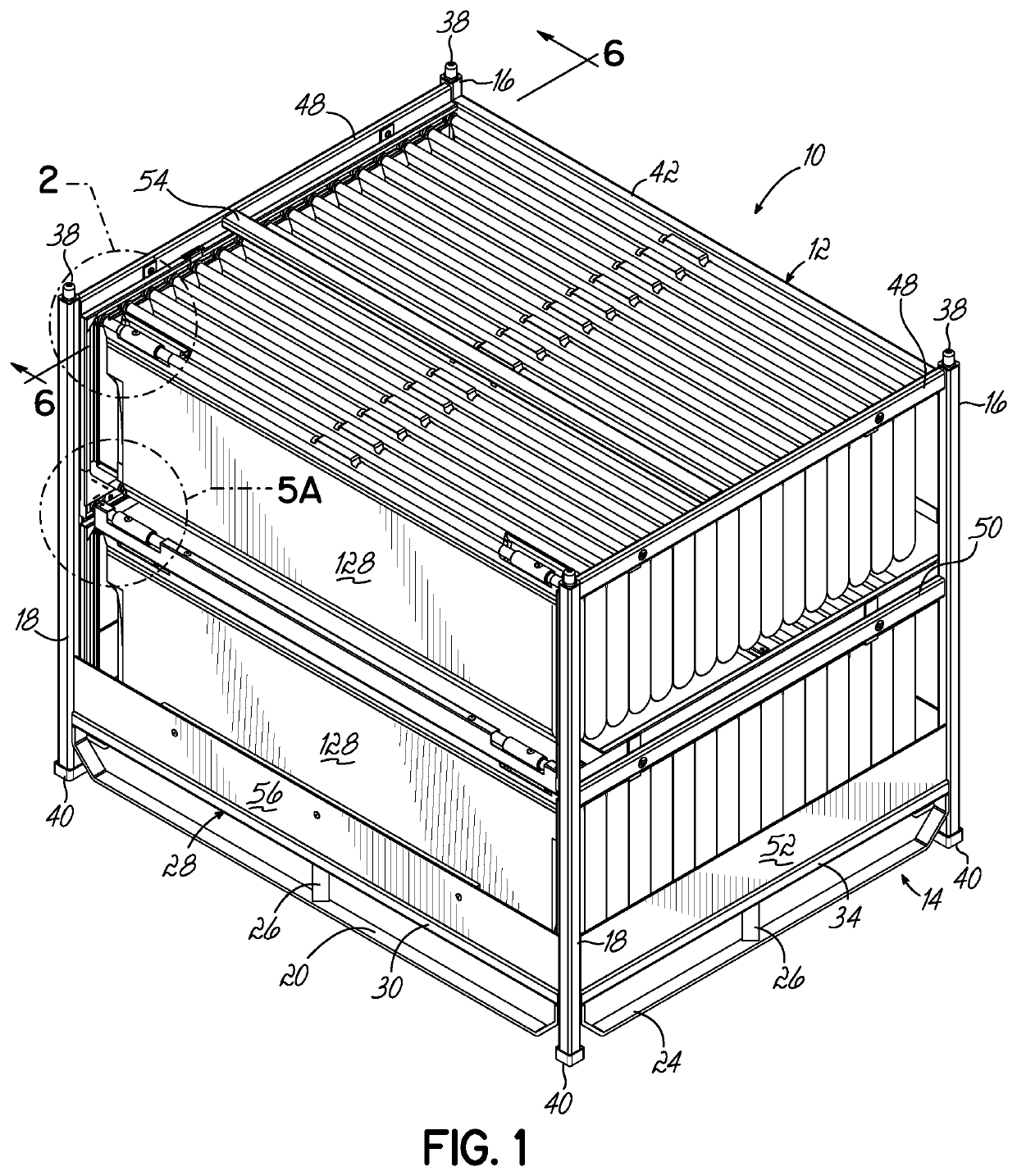 Container having multiple layers of dunnage, at least one layer having at least one lockable crossbar assembly