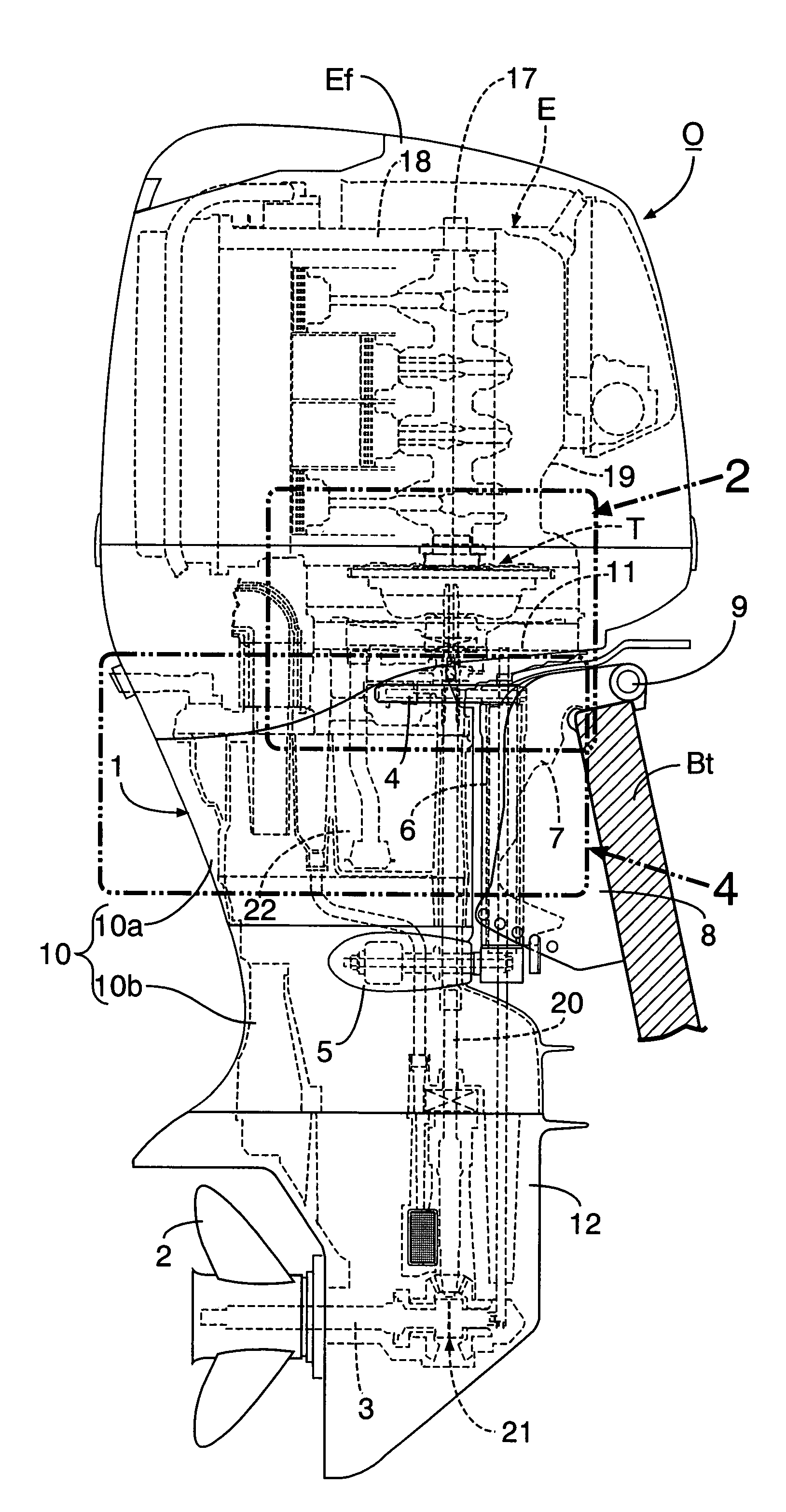 Vertical fluid power transmission and outboard engine system