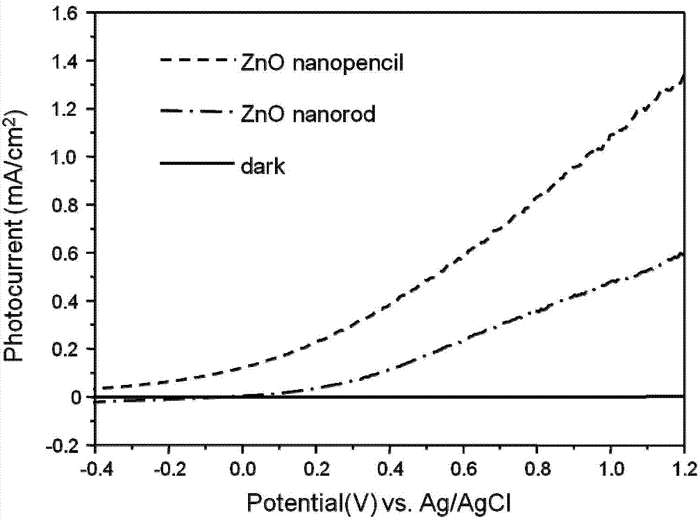 Zinc oxide nanopencil array electrode and preparation method and application thereof