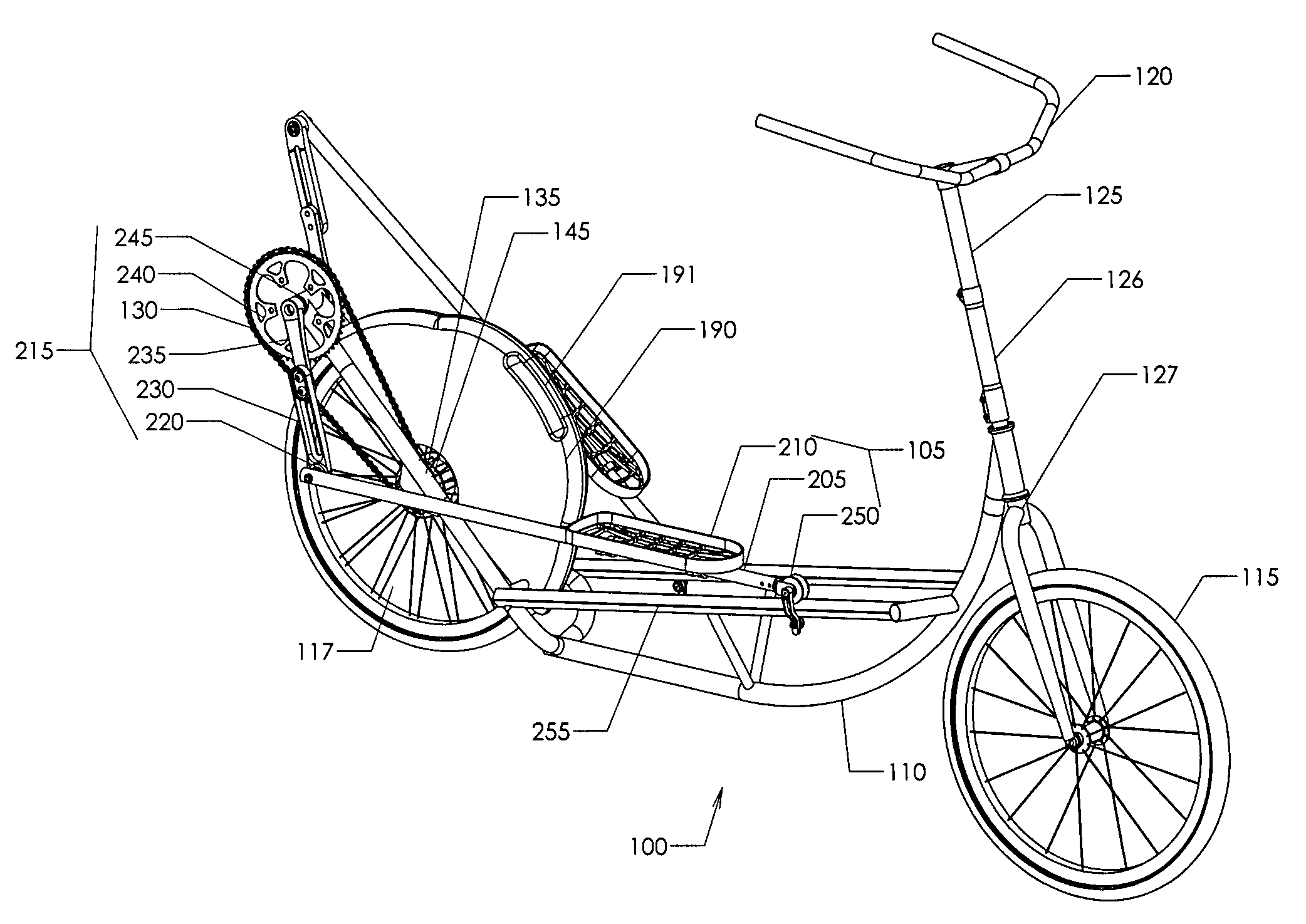 Self-propelled vehicle propelled by an elliptical drive train