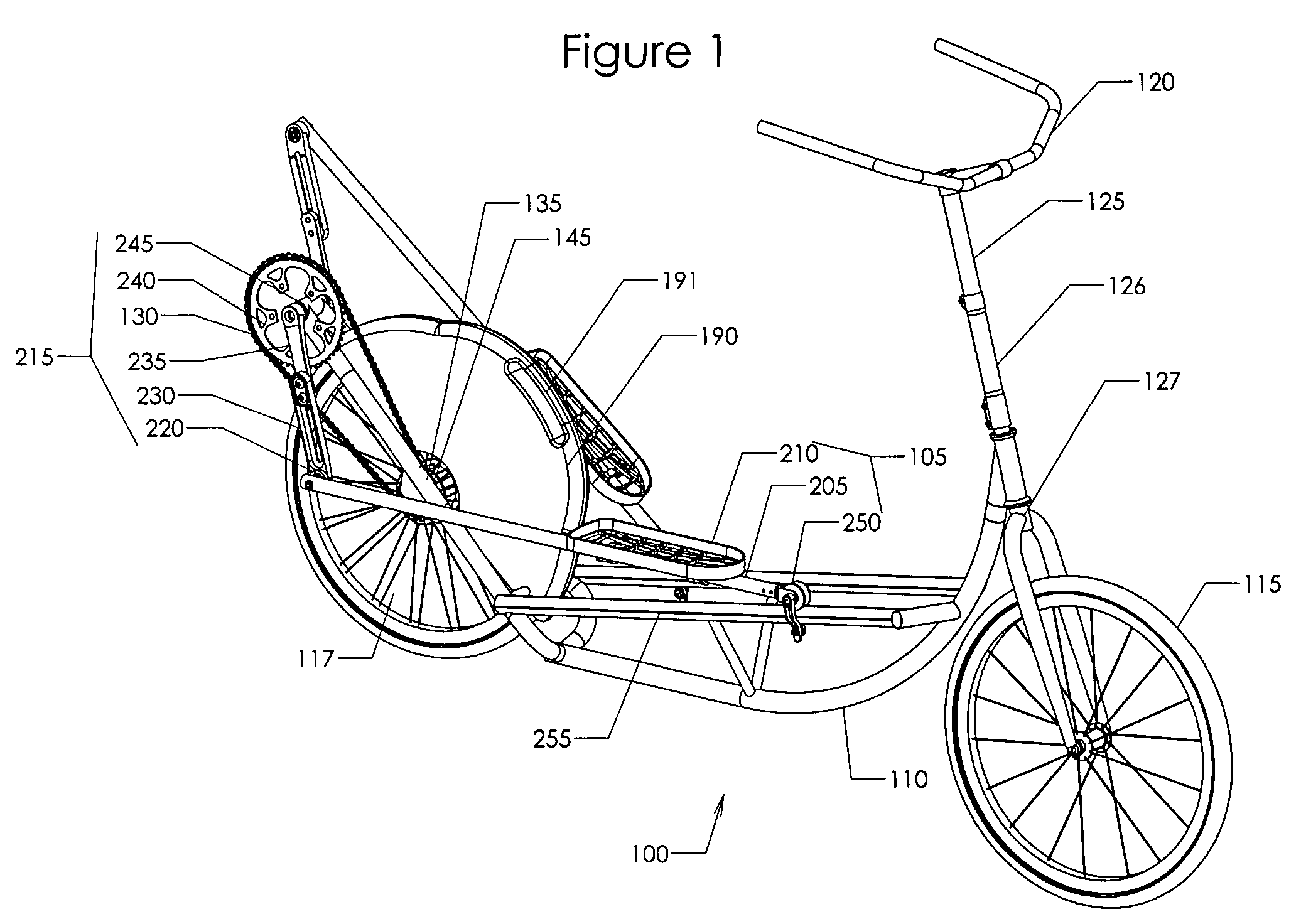 Self-propelled vehicle propelled by an elliptical drive train