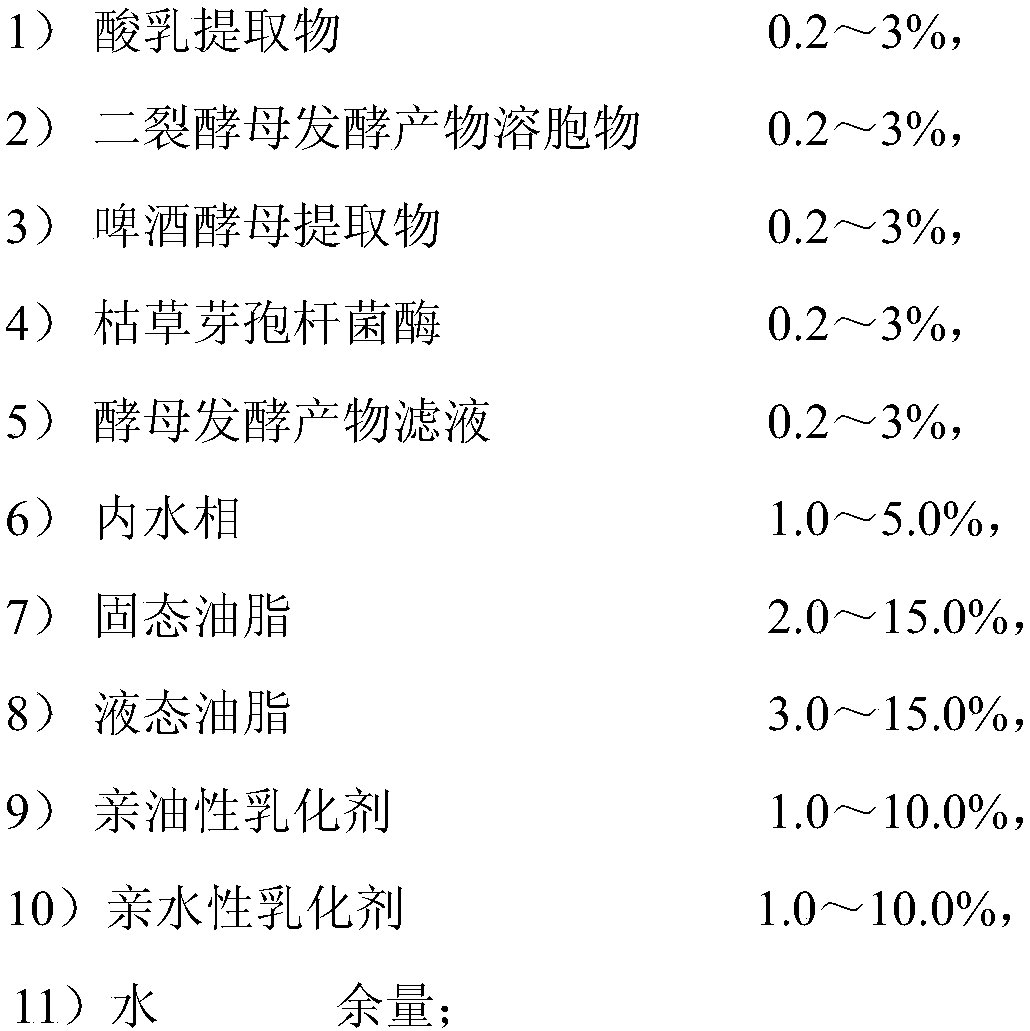 Multi-structure emulsion containing six probiotics, and preparing method thereof