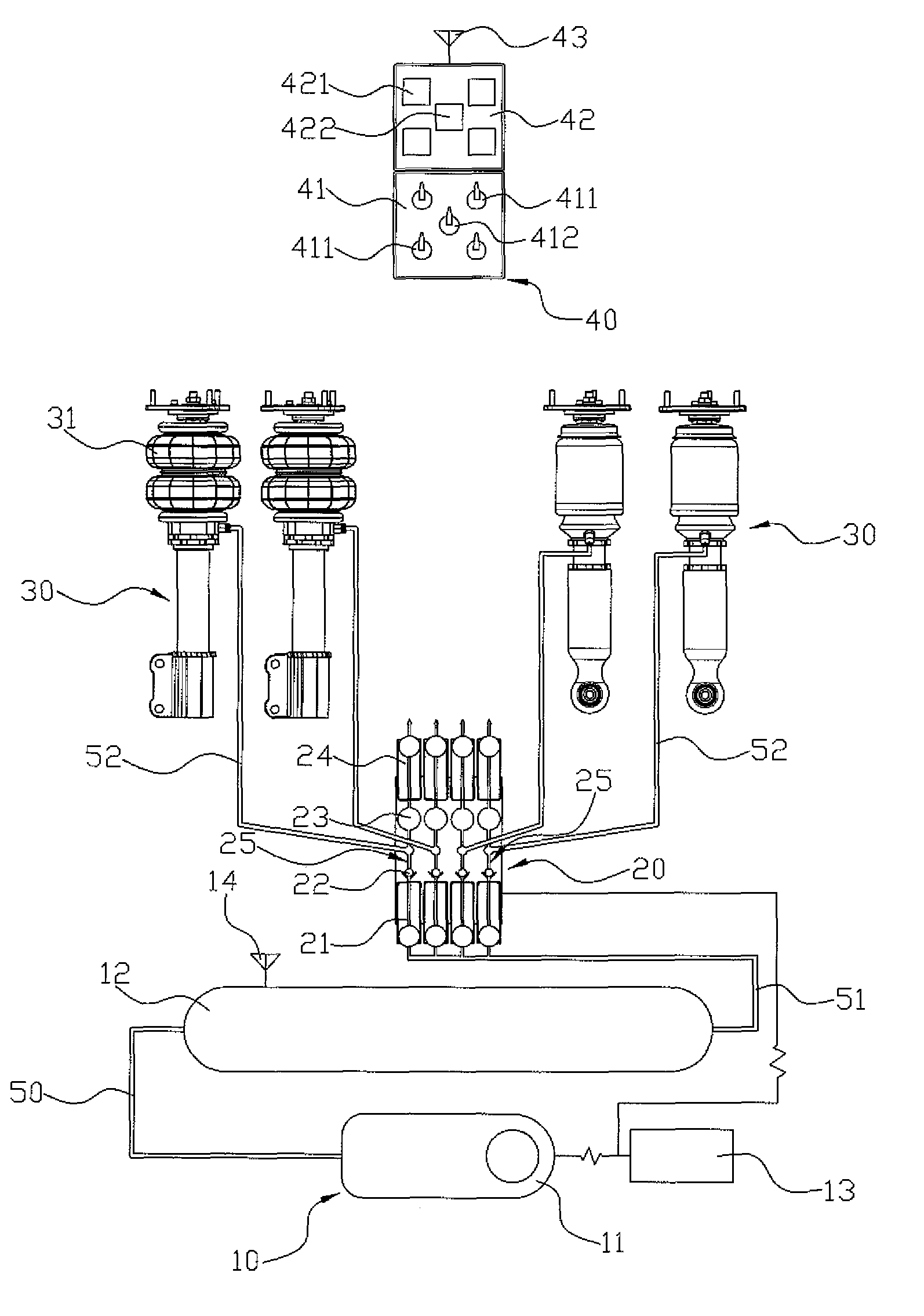 Air-cushion type shock absorbing system that is operated in a wireless controlling manner