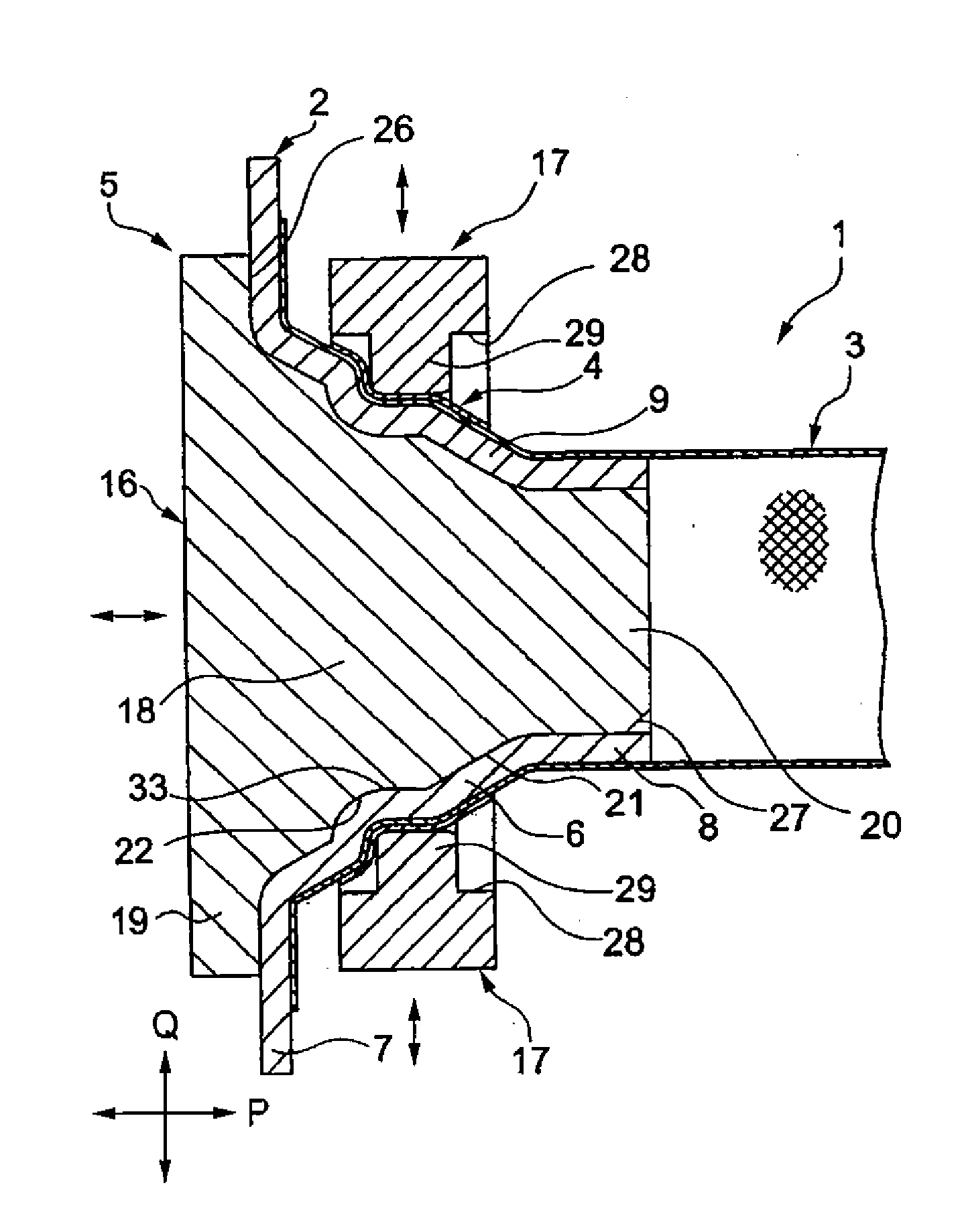 Caulking die and braid fixing structure for shield wire