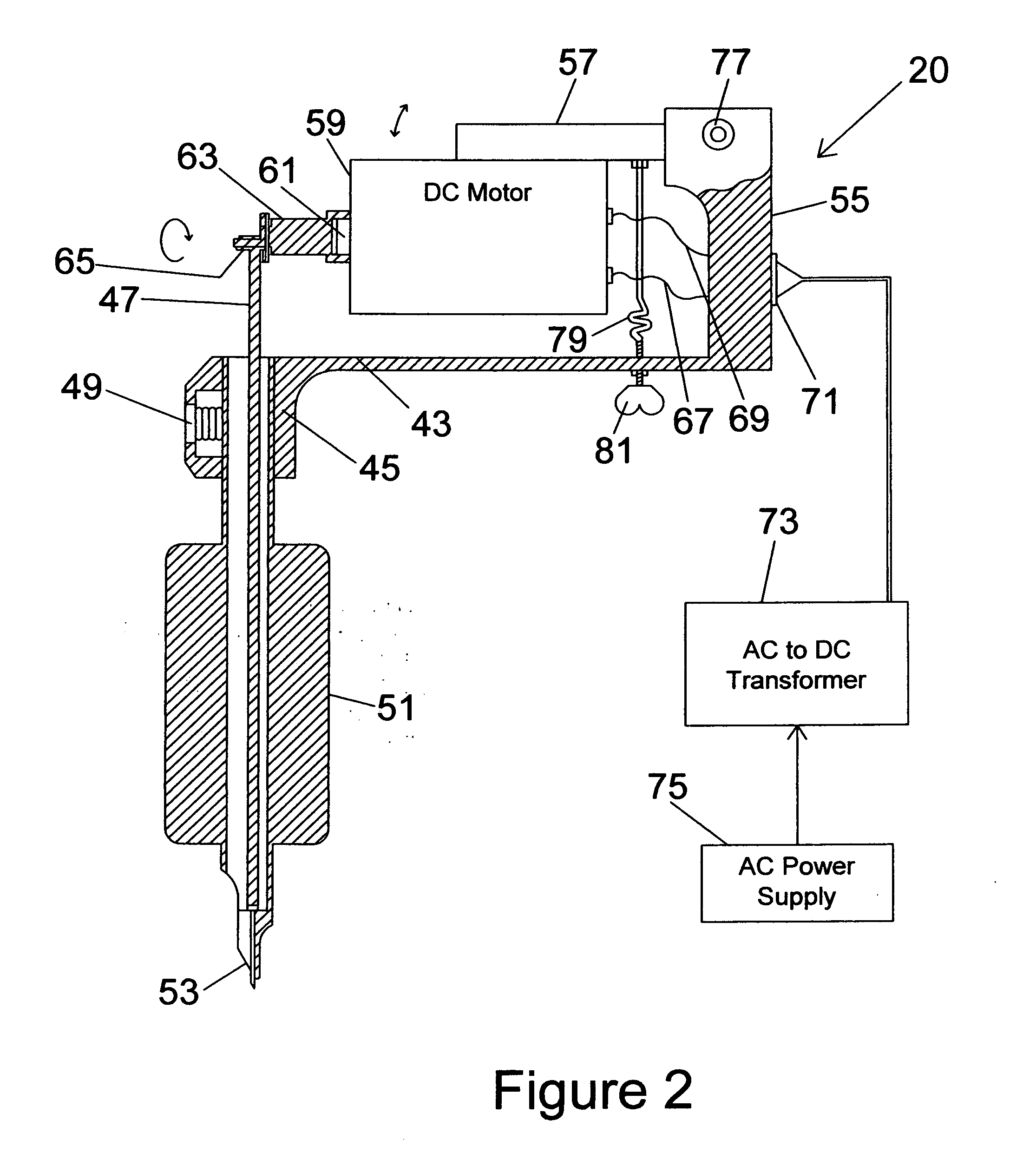 Rotary rattoo machine with suspended motor give