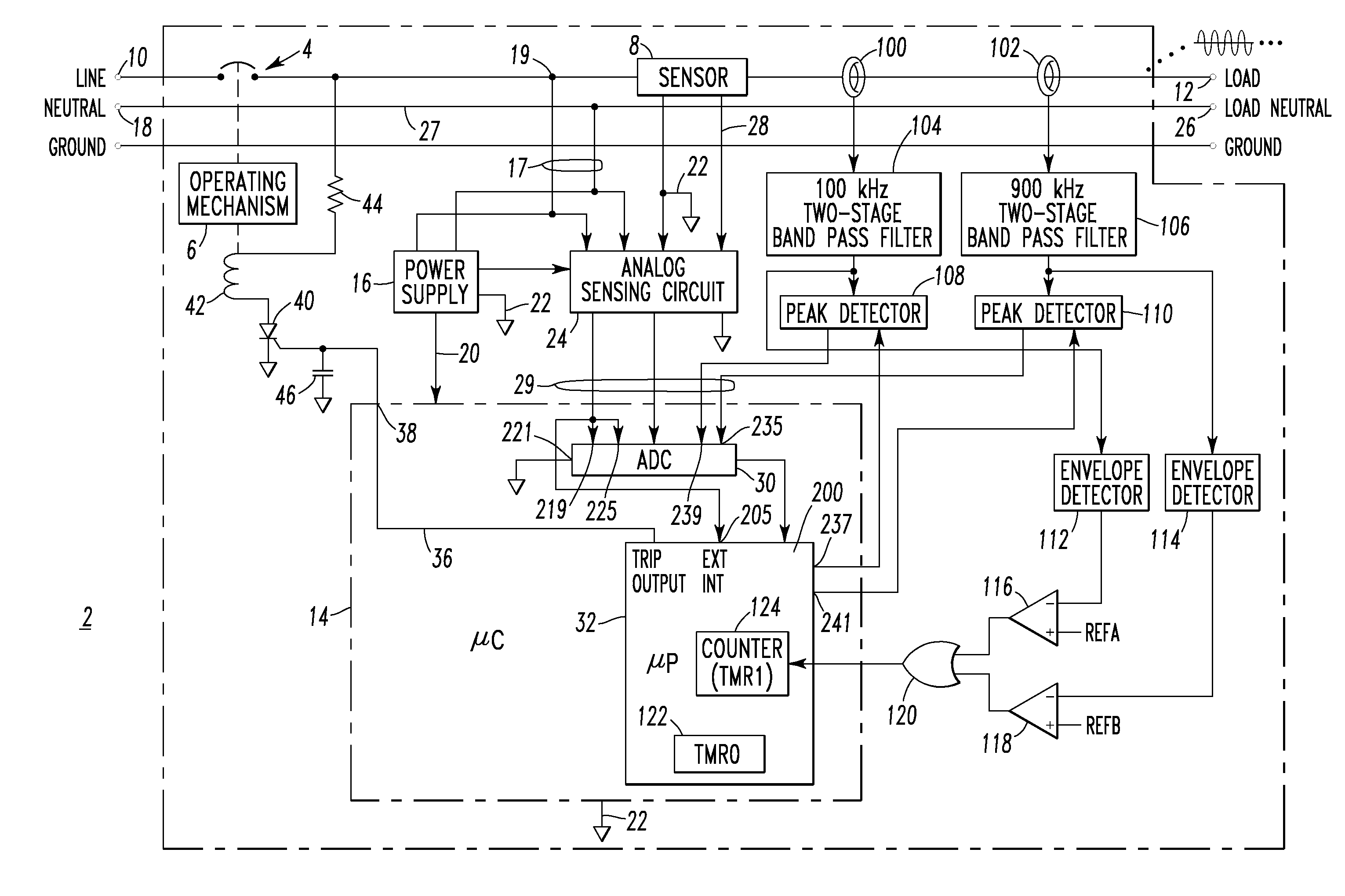 Arc fault circuit interrupter and series arc fault detection method using plural high frequency bands