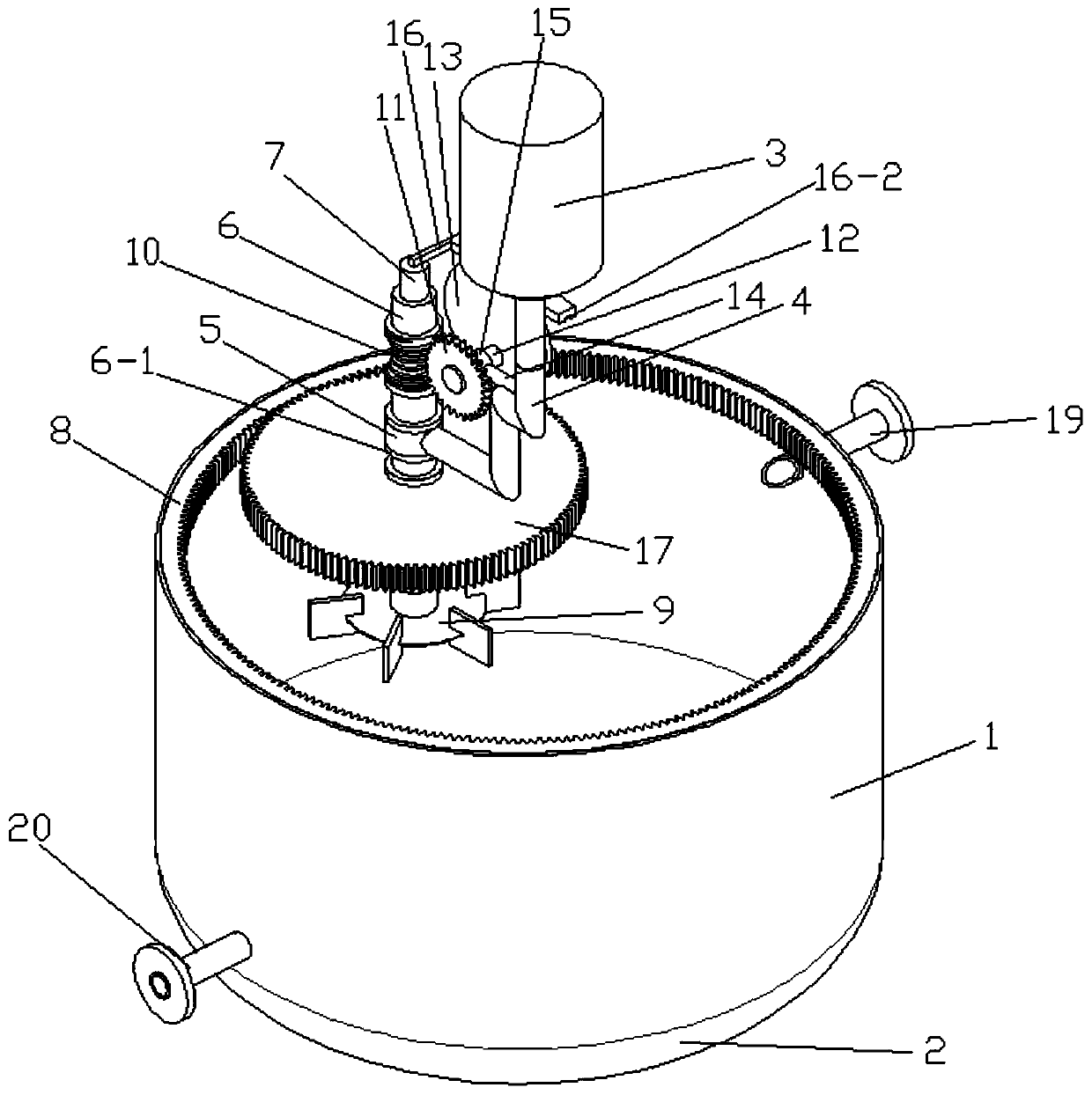 Planetary stirring device with stirring paddle capable of vertical reciprocating motion and method