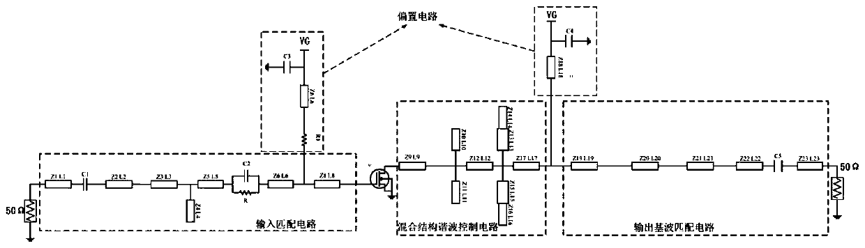 Broadband hybrid structure J-type power amplifier and design method