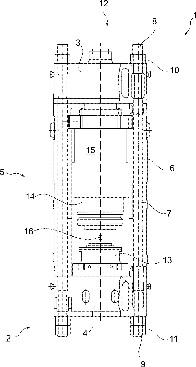 Device for pre-tensioning a machine frame, machine frame and press and pull device