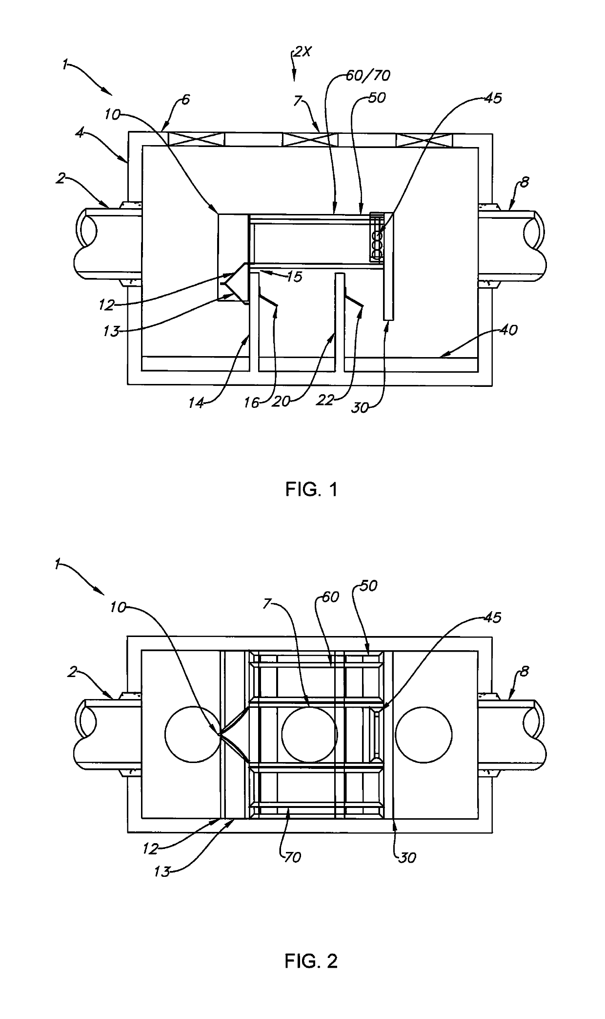 Dual screen treatment systems with debris ramps and screened deflectors