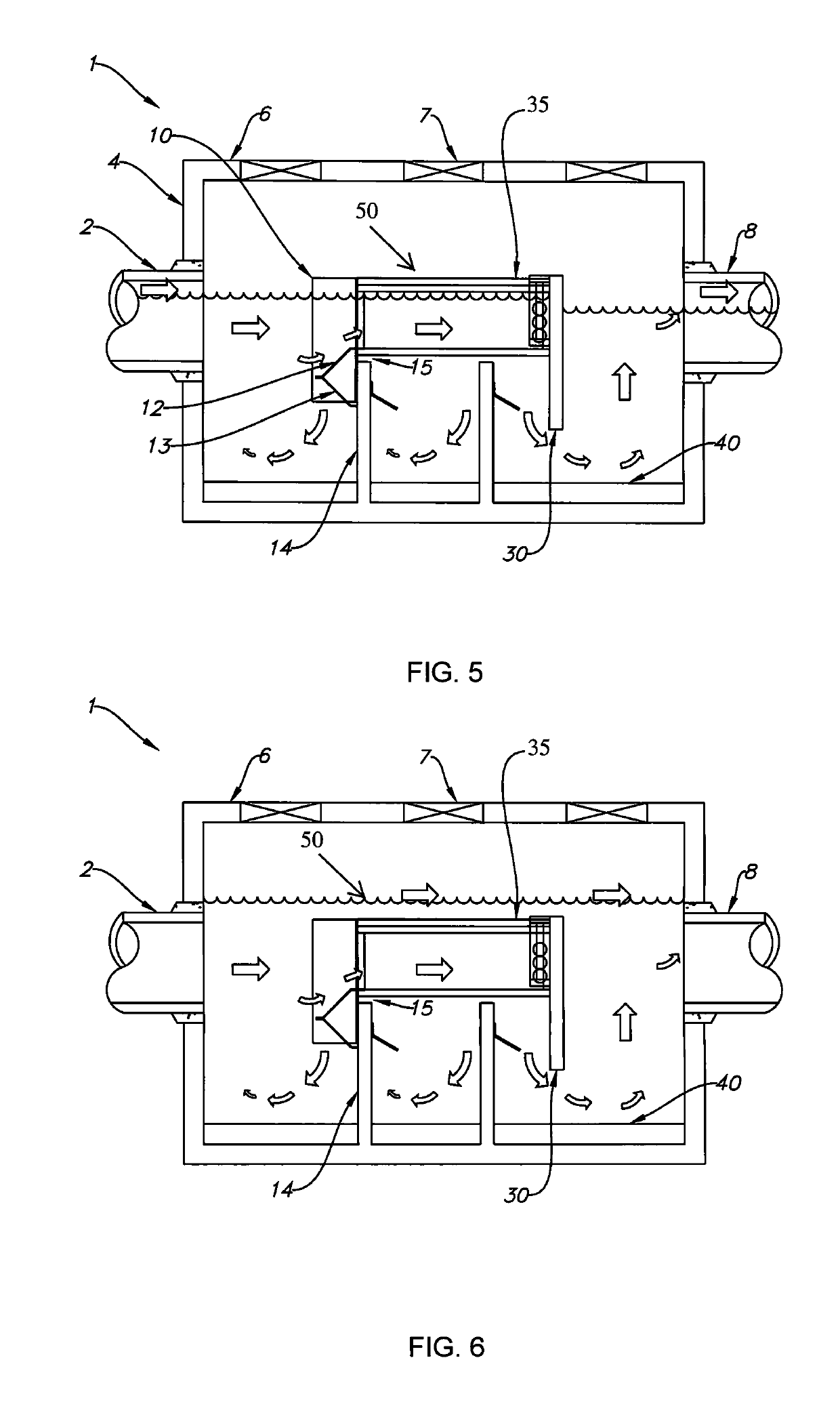 Dual screen treatment systems with debris ramps and screened deflectors