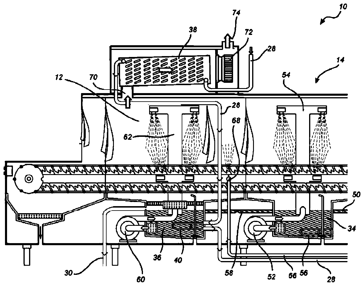 Tunnel-type dishwasher and method