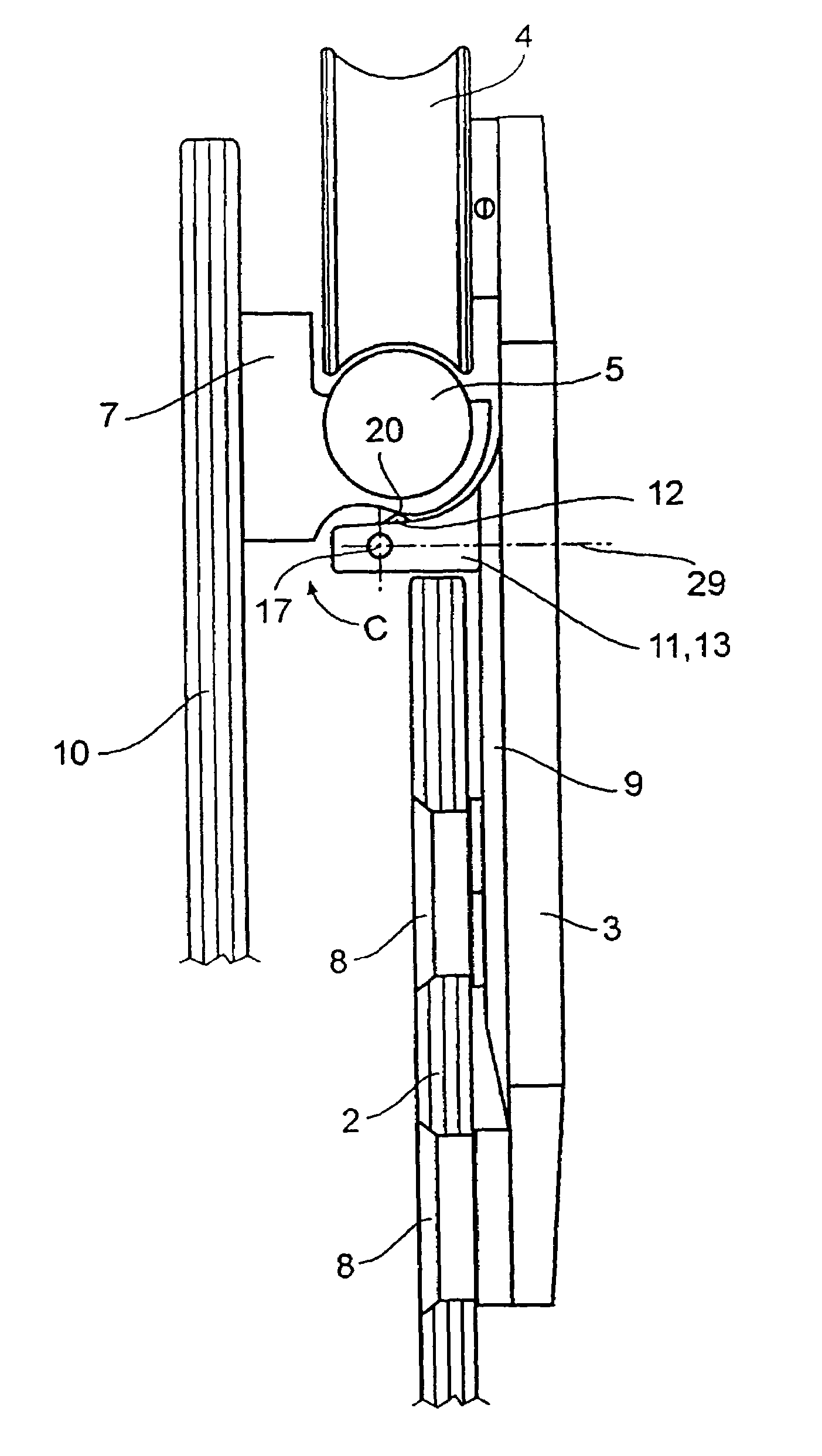 Sliding element with keeper device suspended from and guided on a roller rail by support rollers