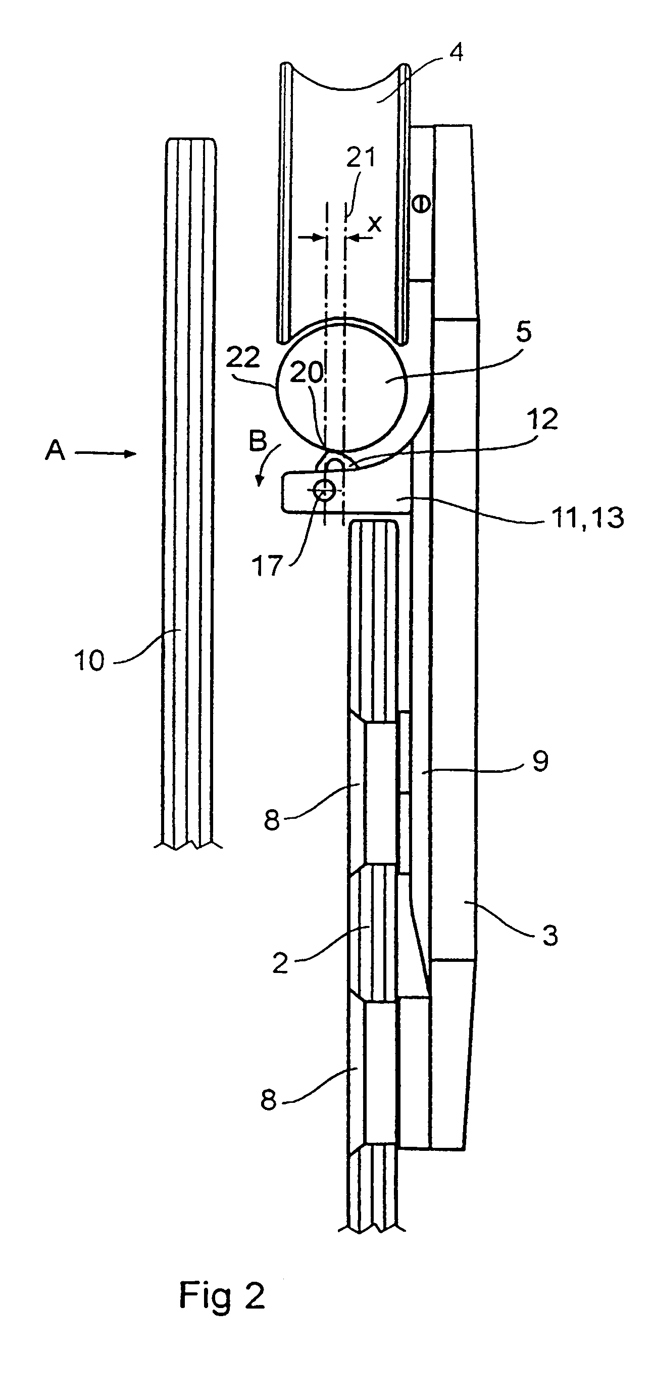 Sliding element with keeper device suspended from and guided on a roller rail by support rollers