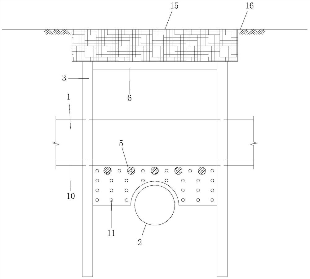 Penetrating protective structure realizing near-distance downward penetration of jacking pipe through pipe rack and construction method