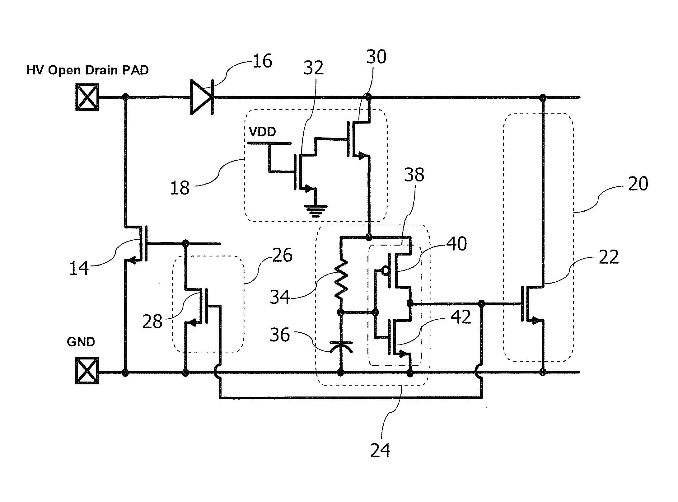 Low-cost electrostatic discharge (ESD) protection device for high-voltage open-drain pad