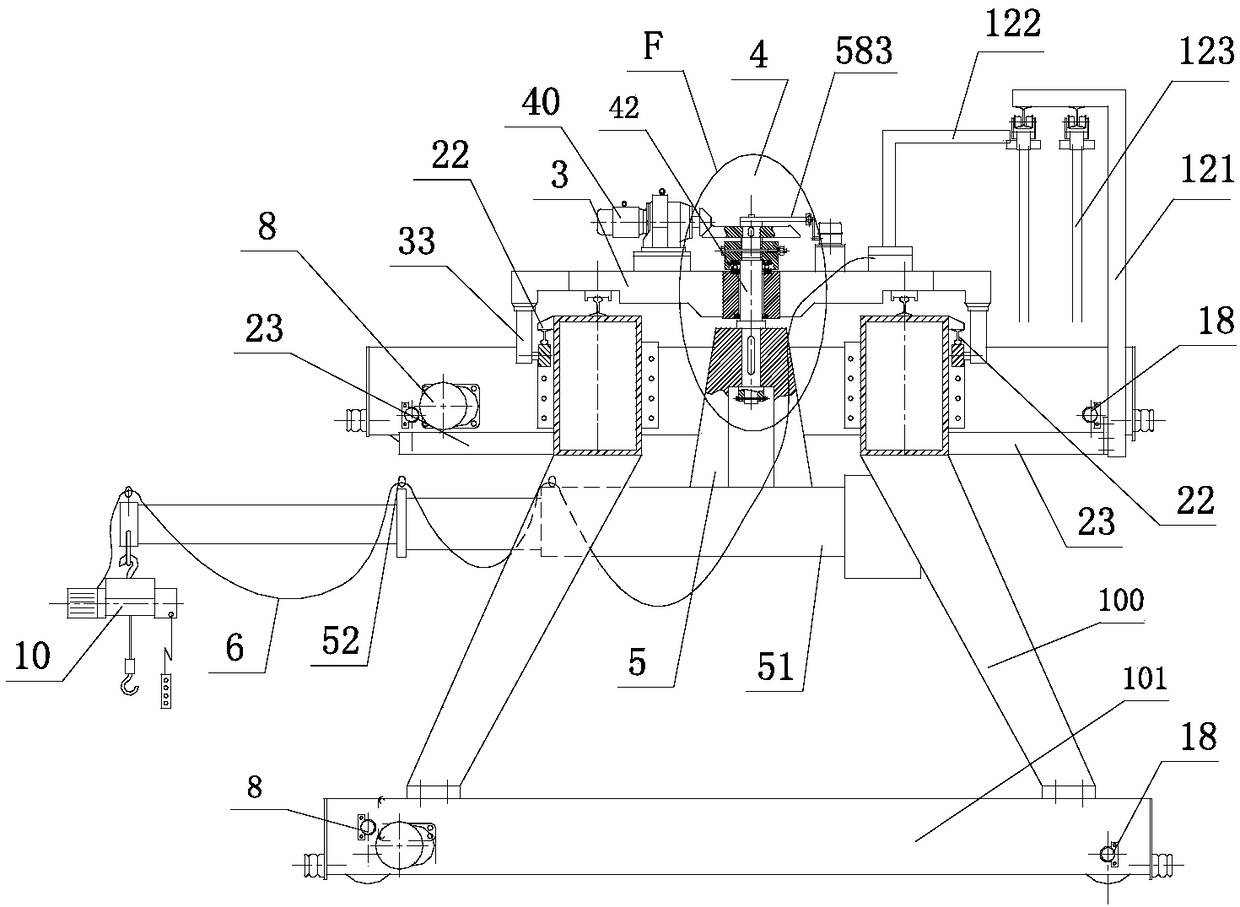 Half-portal crane with two travelling trolleys and telescopic cantilever beams