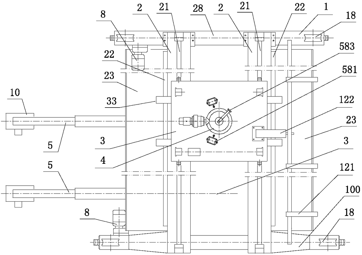 Half-portal crane with two travelling trolleys and telescopic cantilever beams