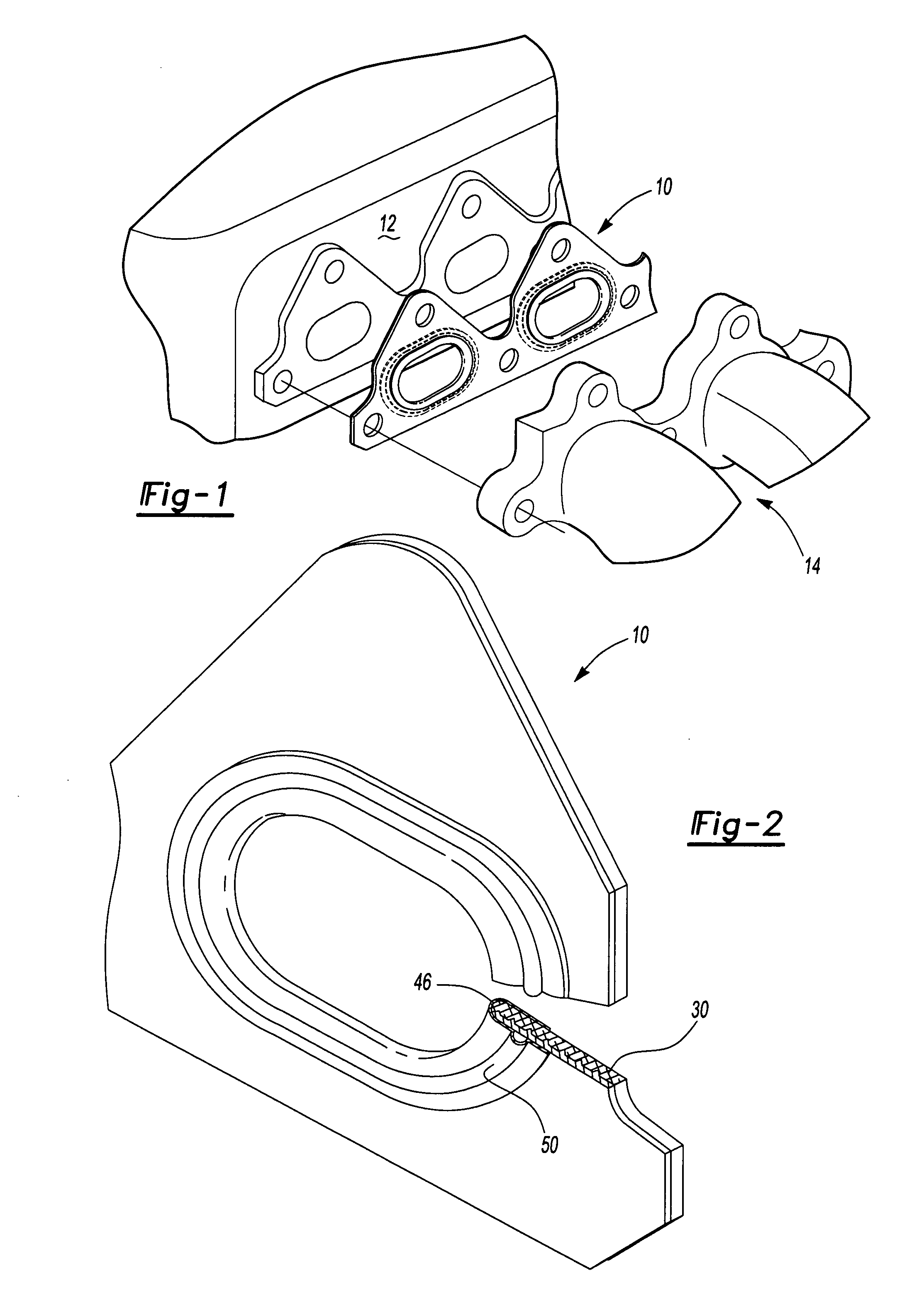 Exhaust manifold gasket with spring steel embossed metal and graphite insulator