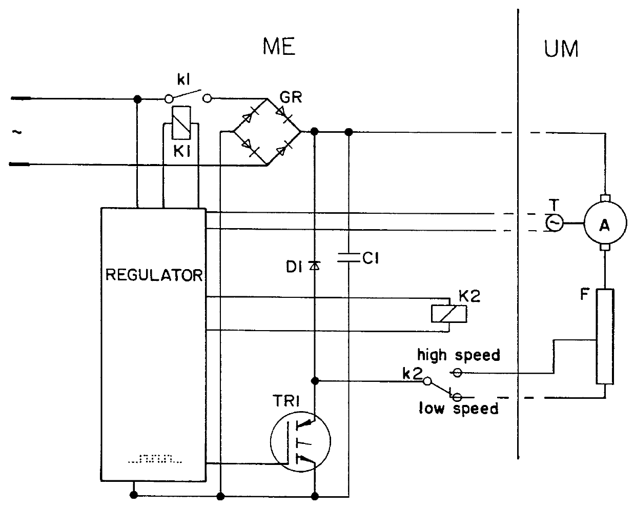 Rotary speed control circuit for feeding a dc universal motor