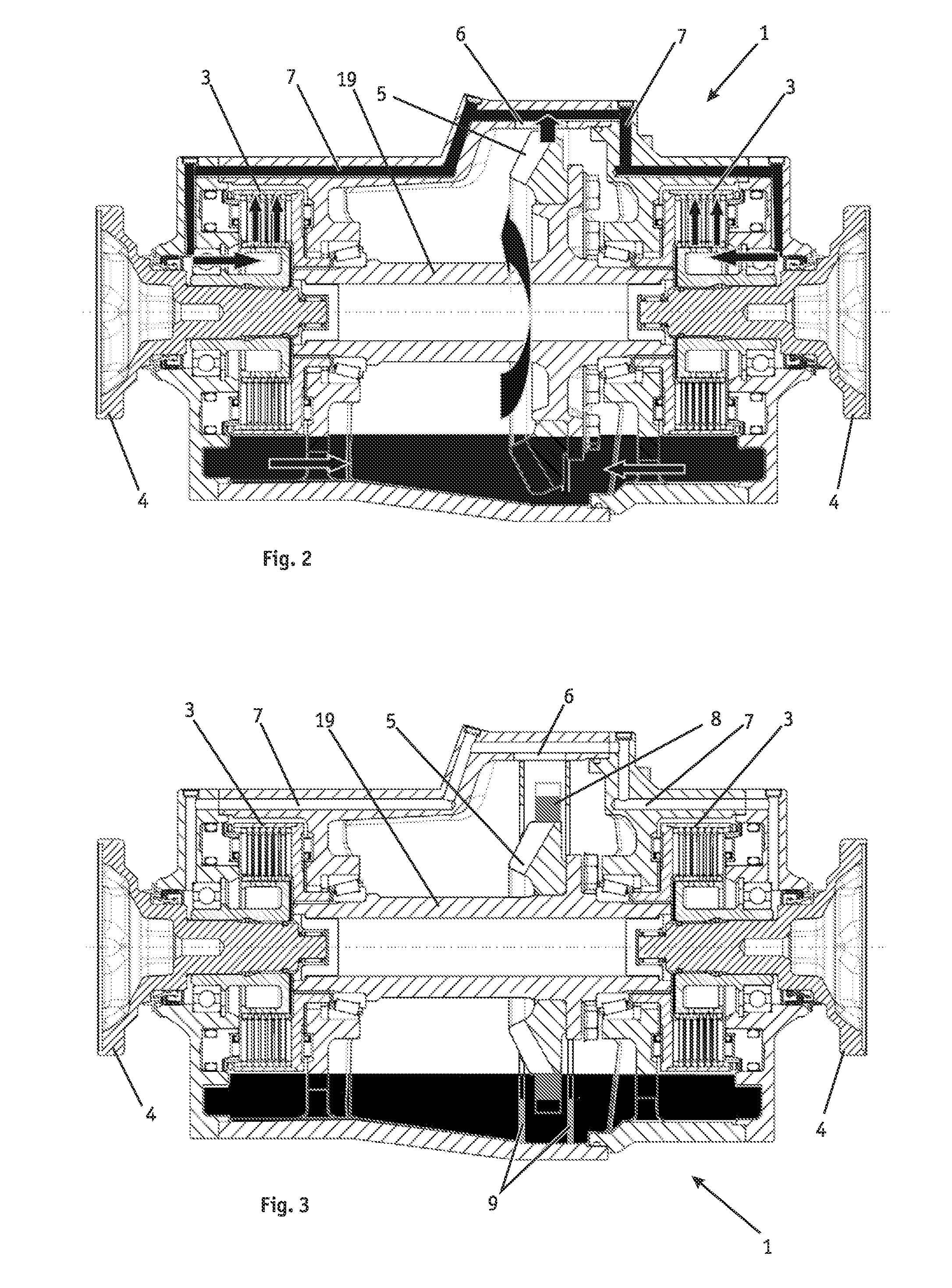 Equalizing unit of a drive train of a motor vehicle and its construction for loss-minimizing oiling on demand