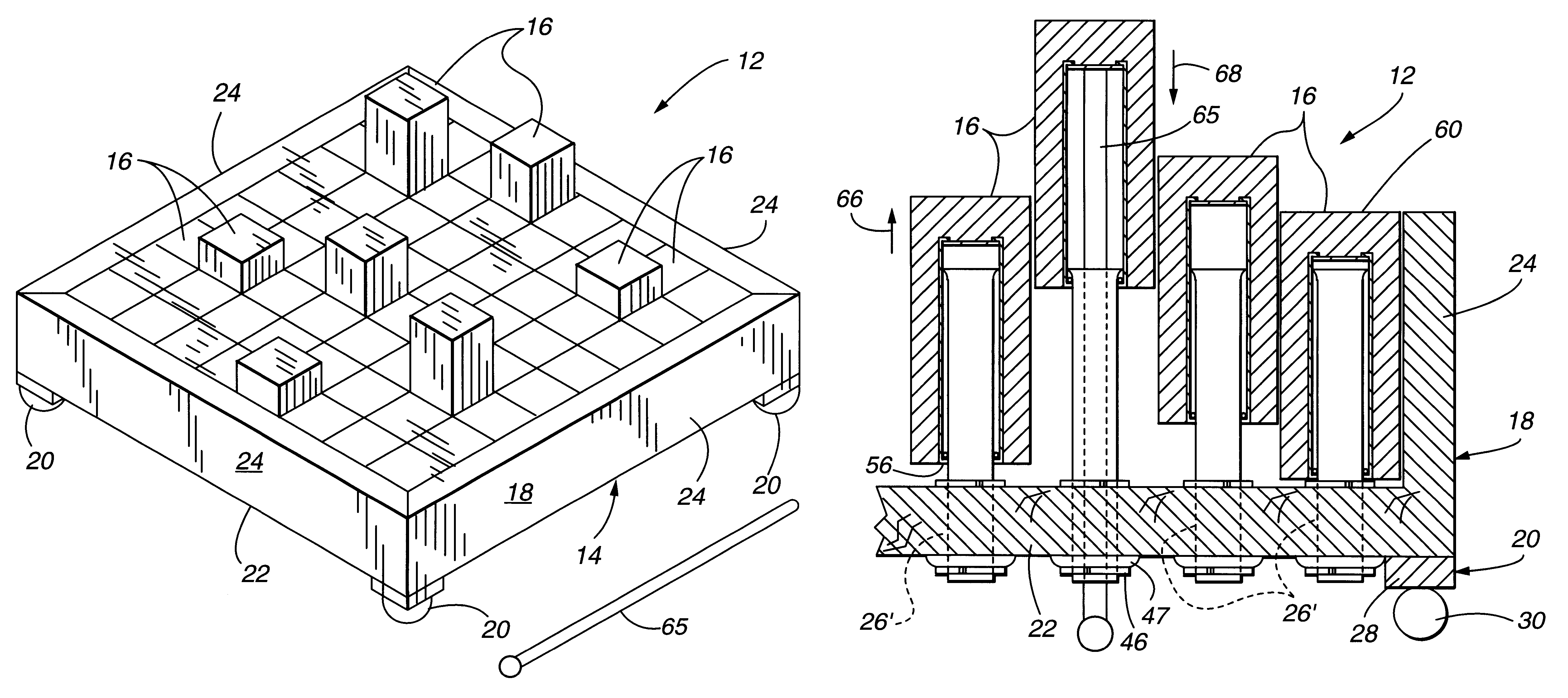 Vertically adjustable squares on a game board assembly