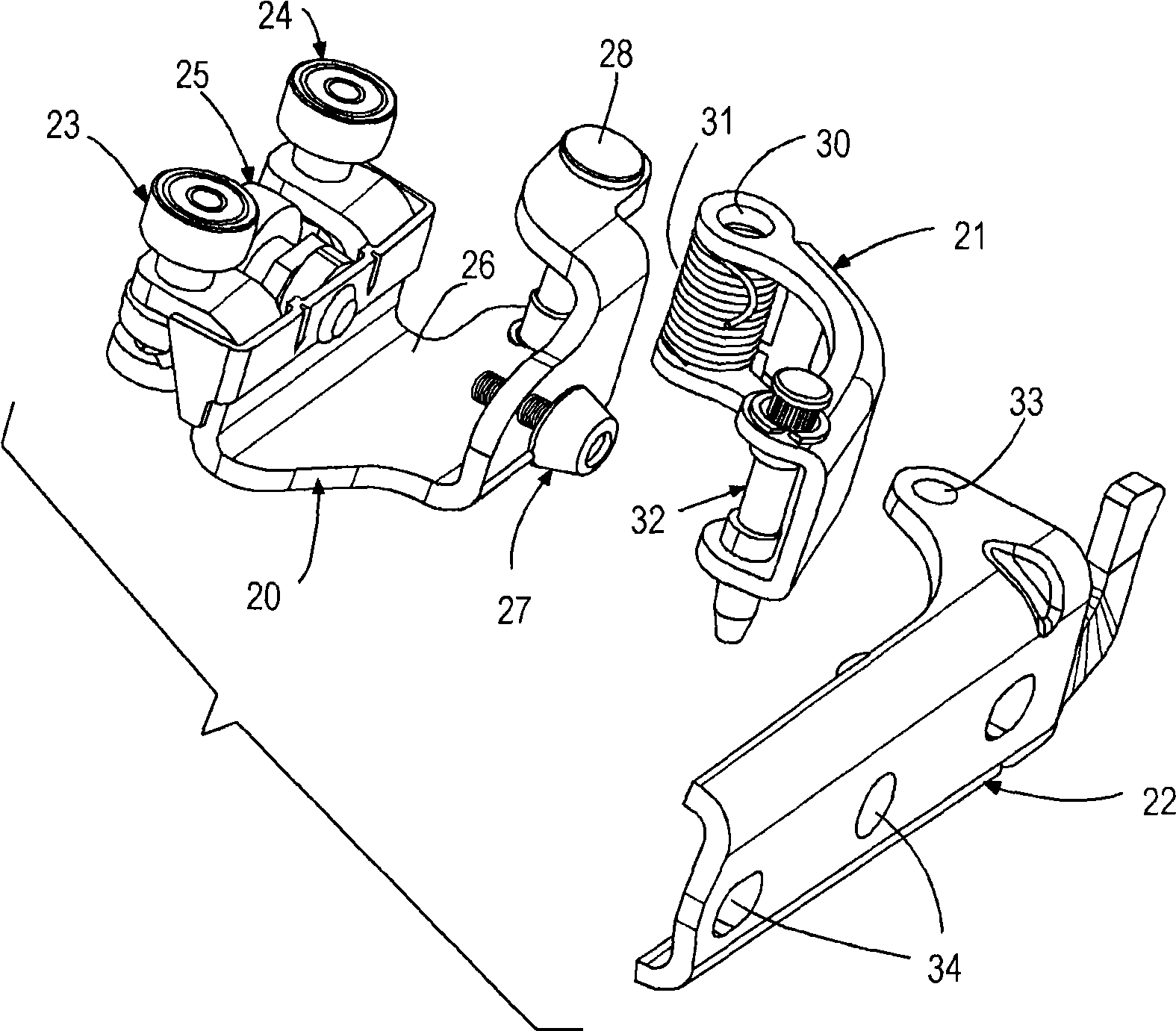 Extended-travel sliding door with articulating roller bracket