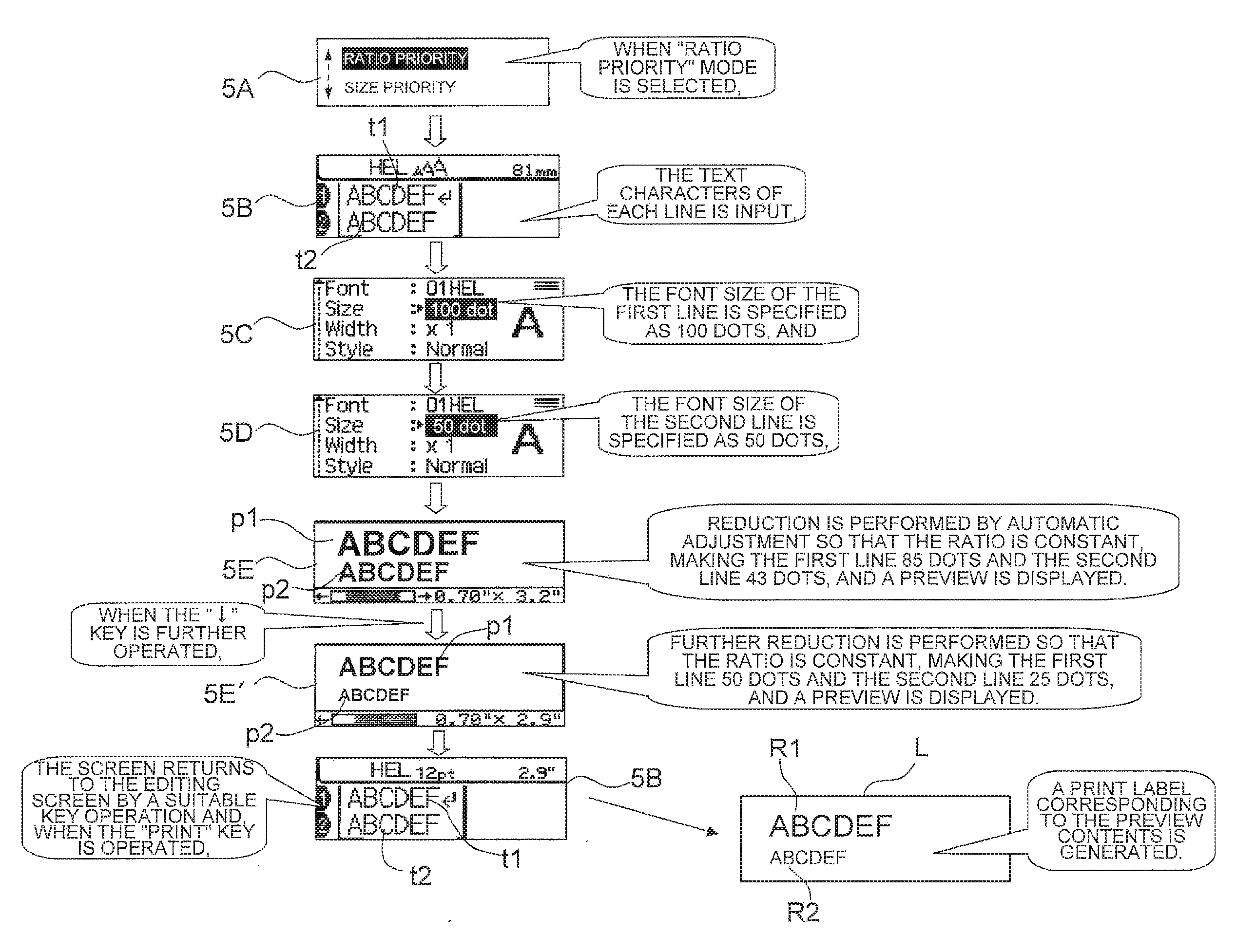 Tape printer and recording medium configured to reduce print object size when specified size is impossible to print