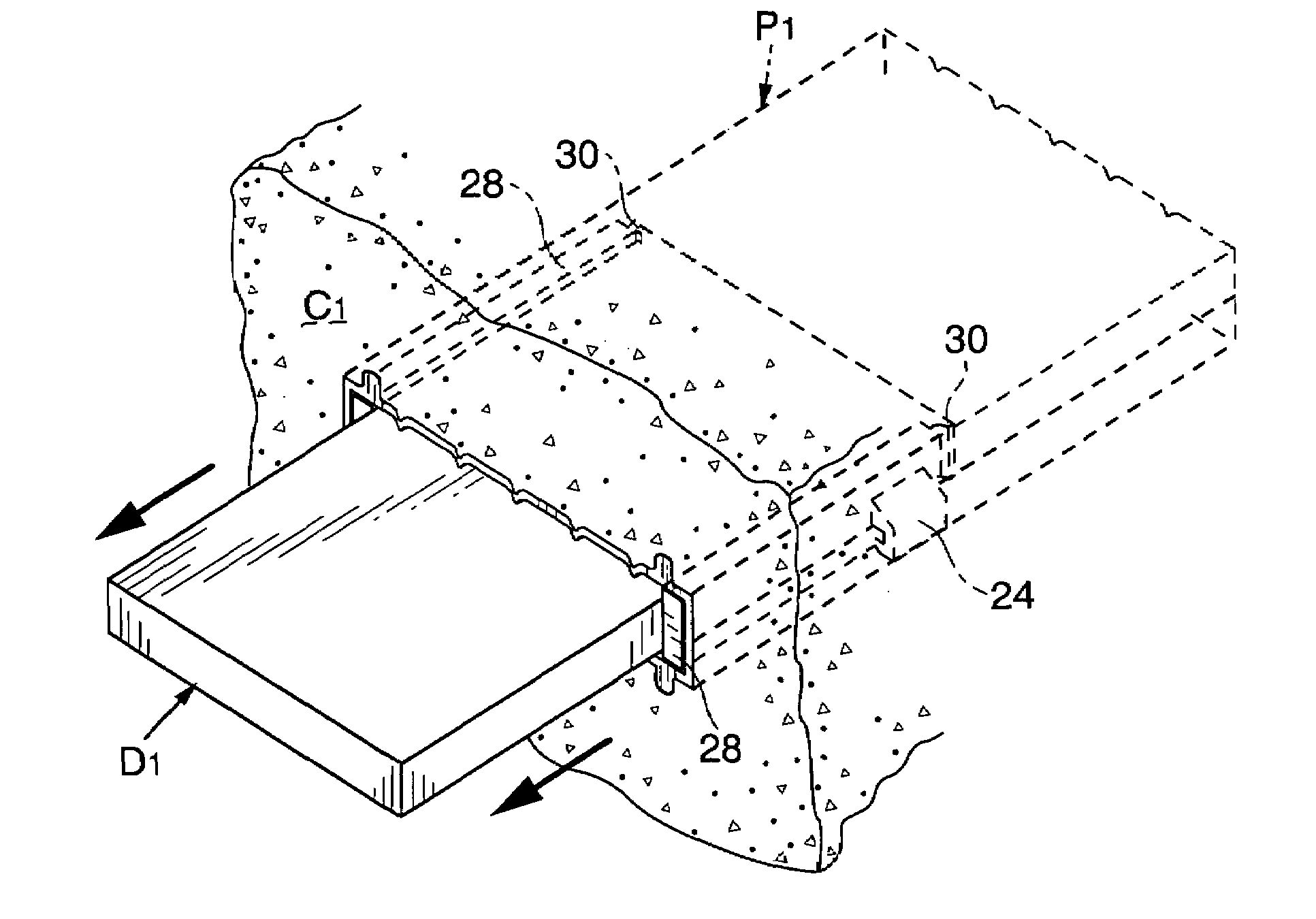 Pocket assembly for placing a flat dowel between cast in place concrete slabs