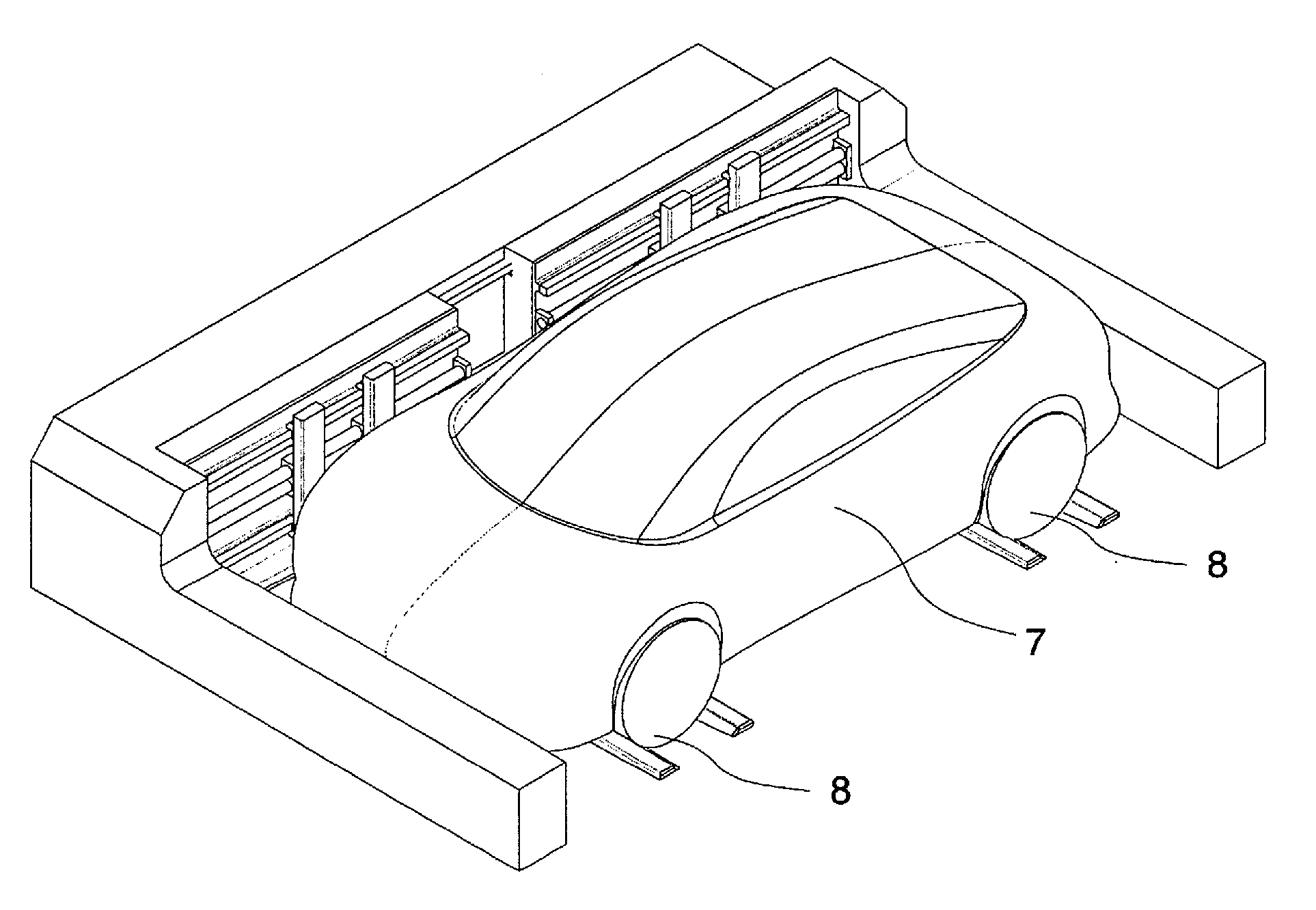 Device and method for automatically laterally storing a motor vehicle in a storing device