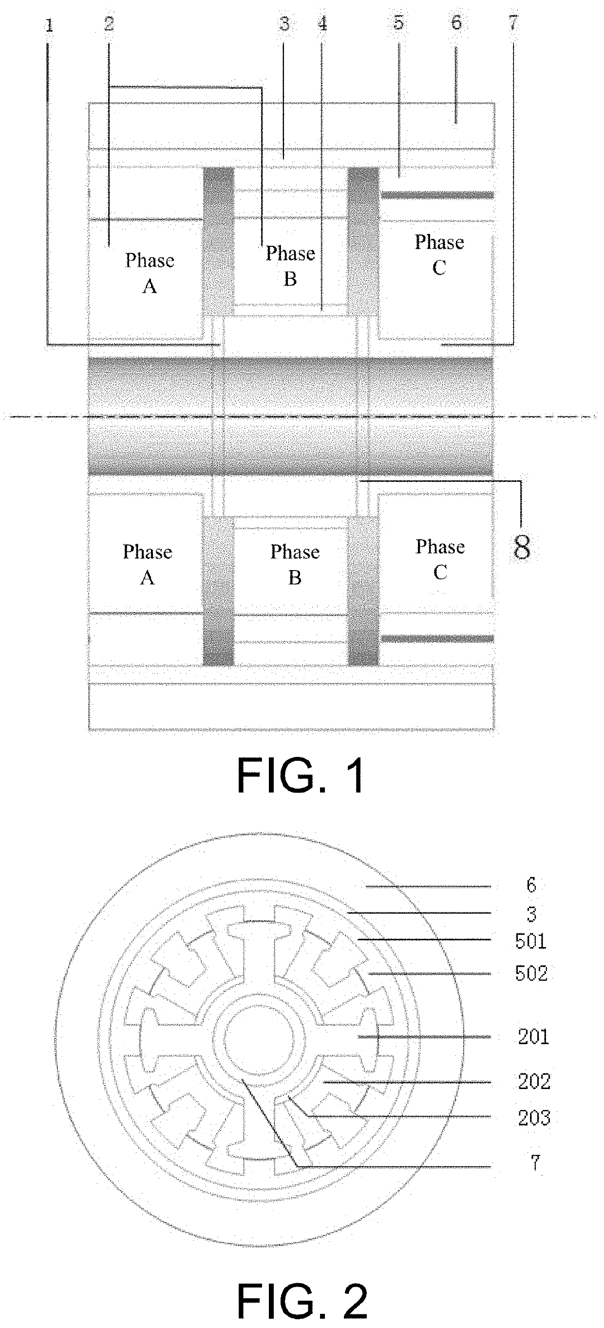 Axial split-phase bearingless flywheel motor of three phases and four degrees of freedom