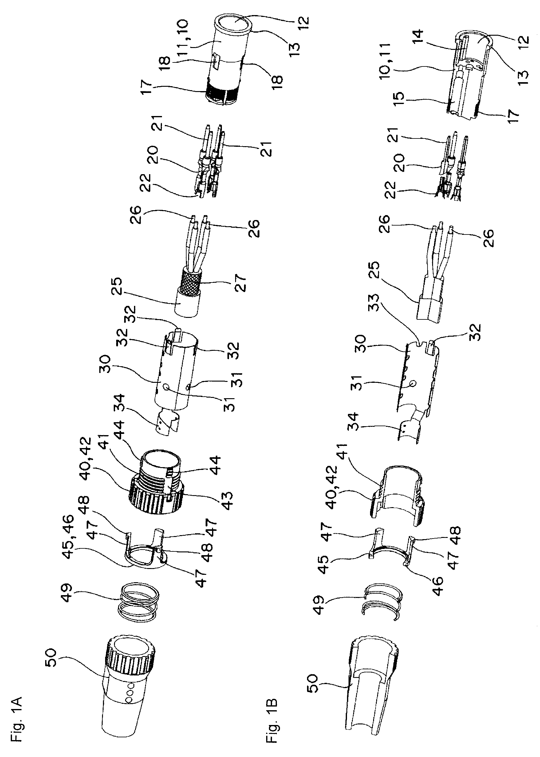 Connector having a plug, a socket, and a tubular shield member with an elastic arm