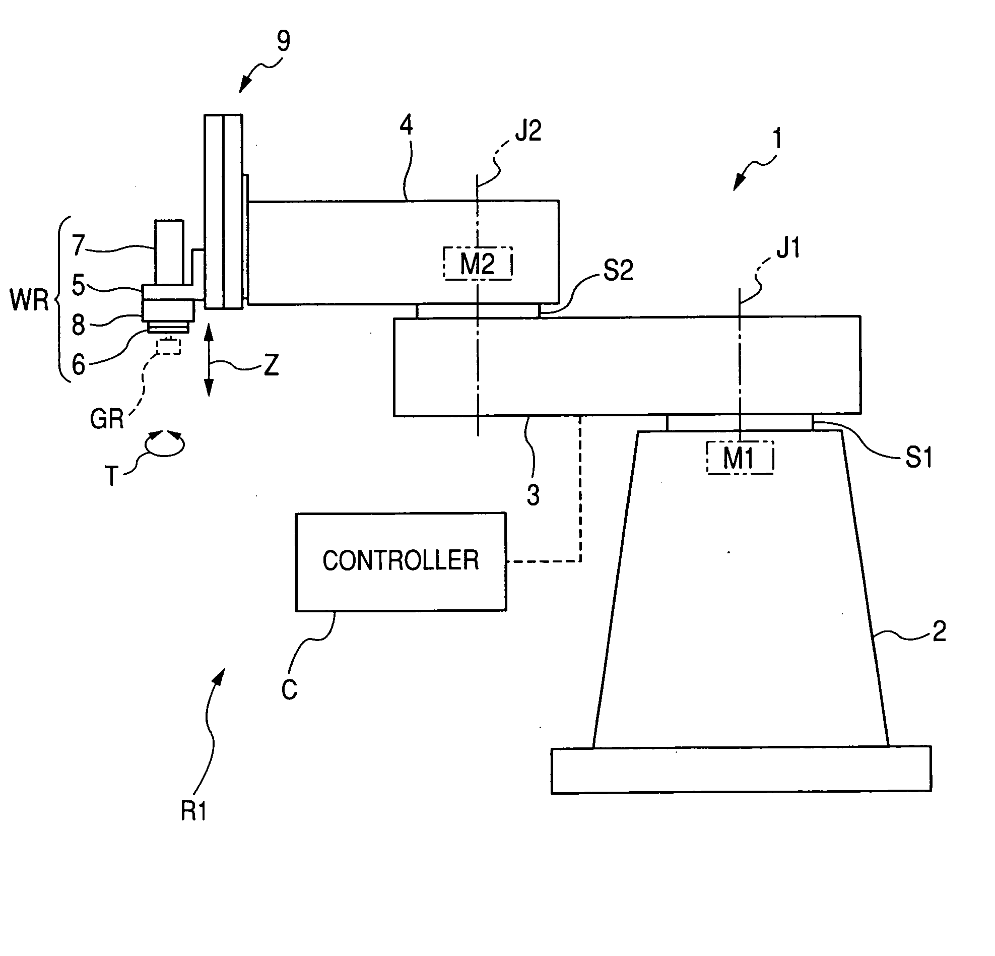 Robot with linearly movable support member attaching to gripper