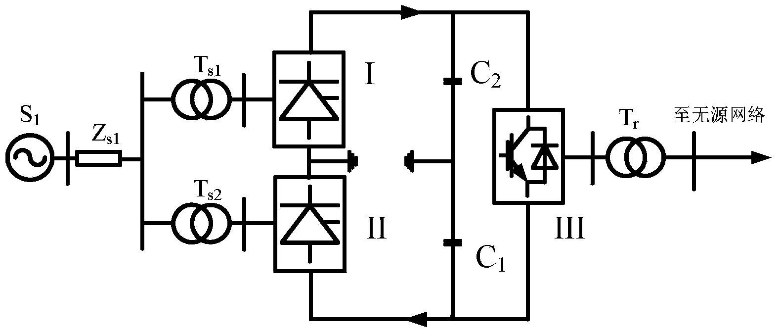 Hybrid pseudo-bipolar direct-current transmission method for supplying power to passive network and weak alternating-current network