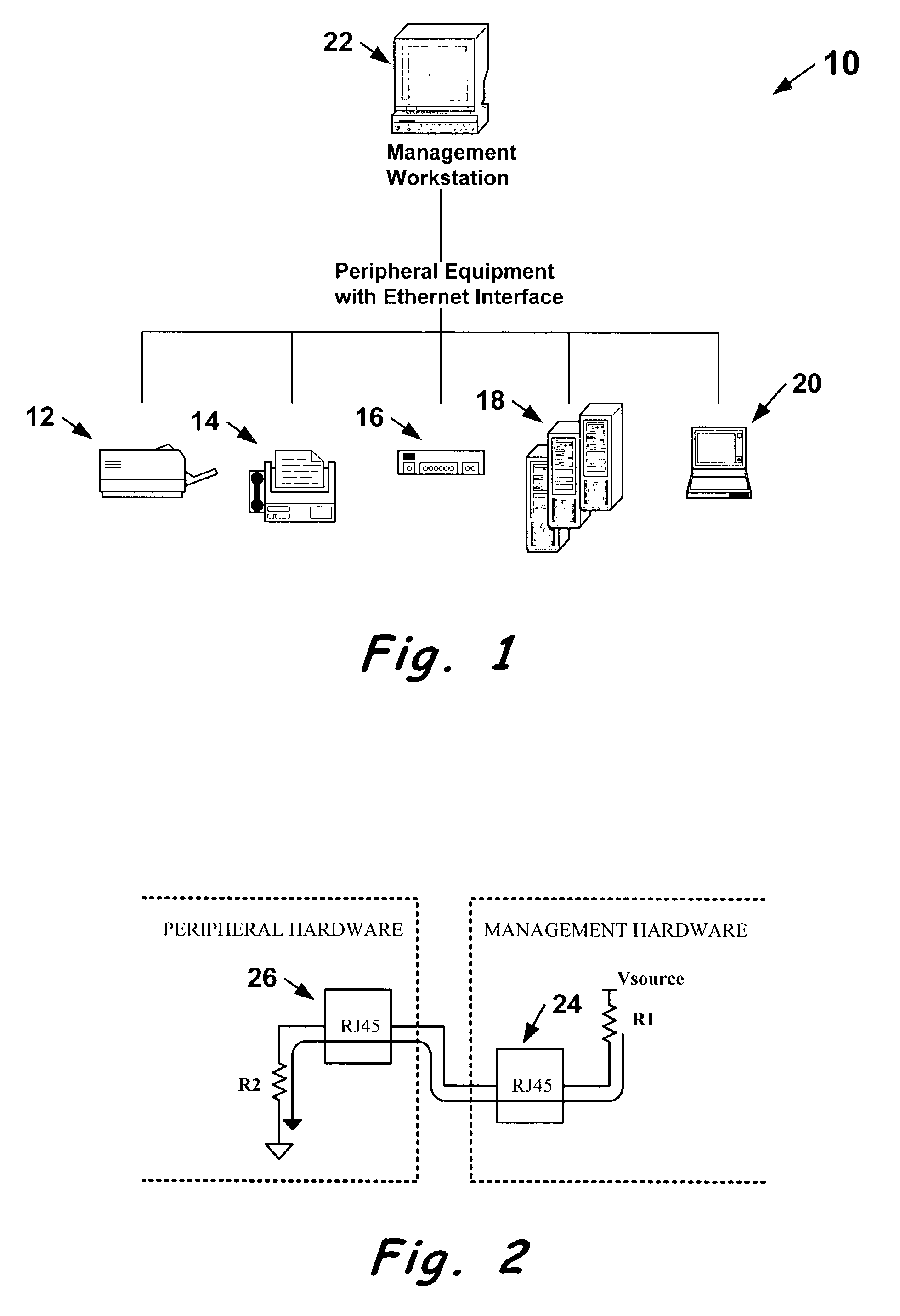 Network management system providing logic signals over communication lines for detecting peripheral devices