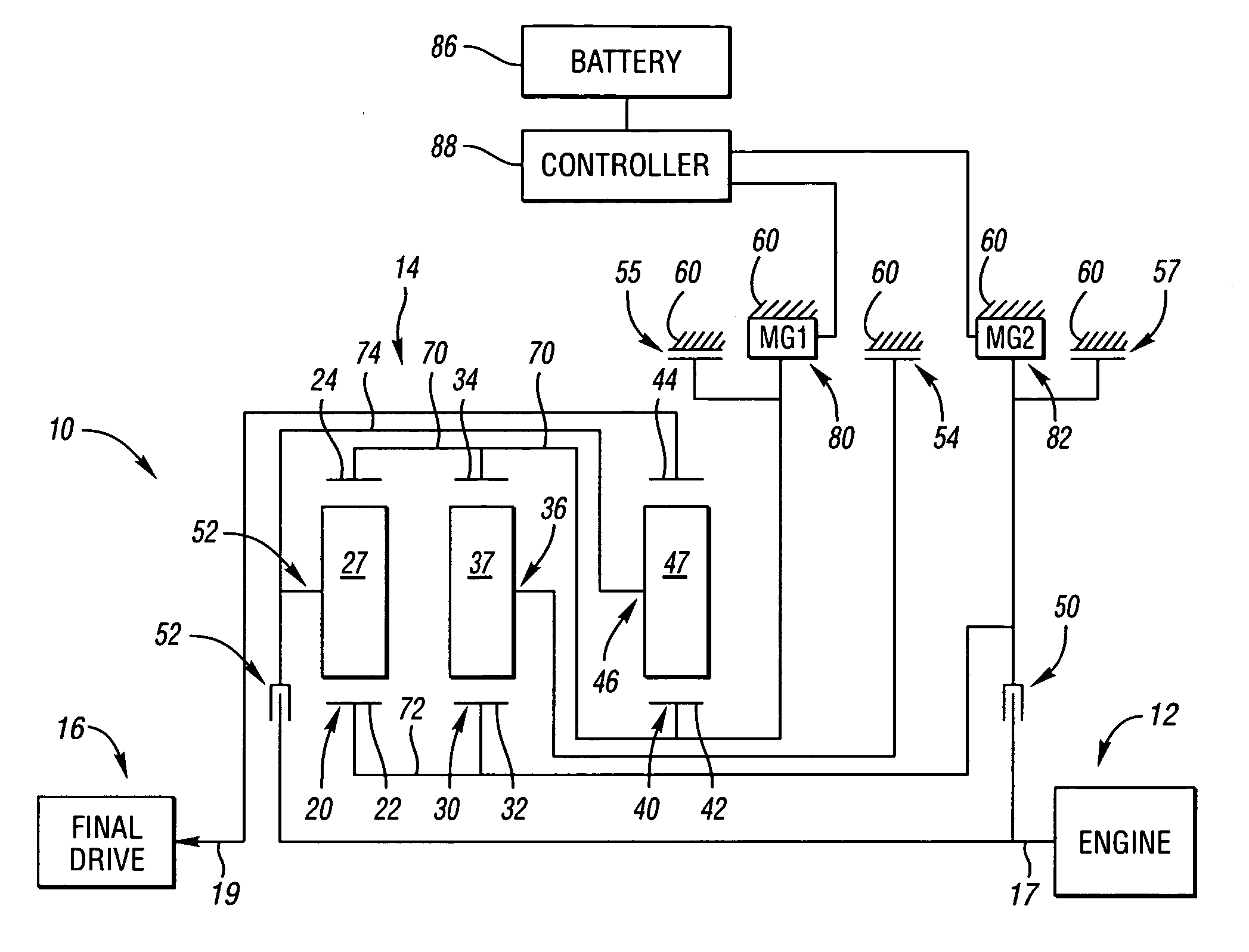 Electrically variable transmission having three planetary gear sets, four fixed interconnections and clutched input