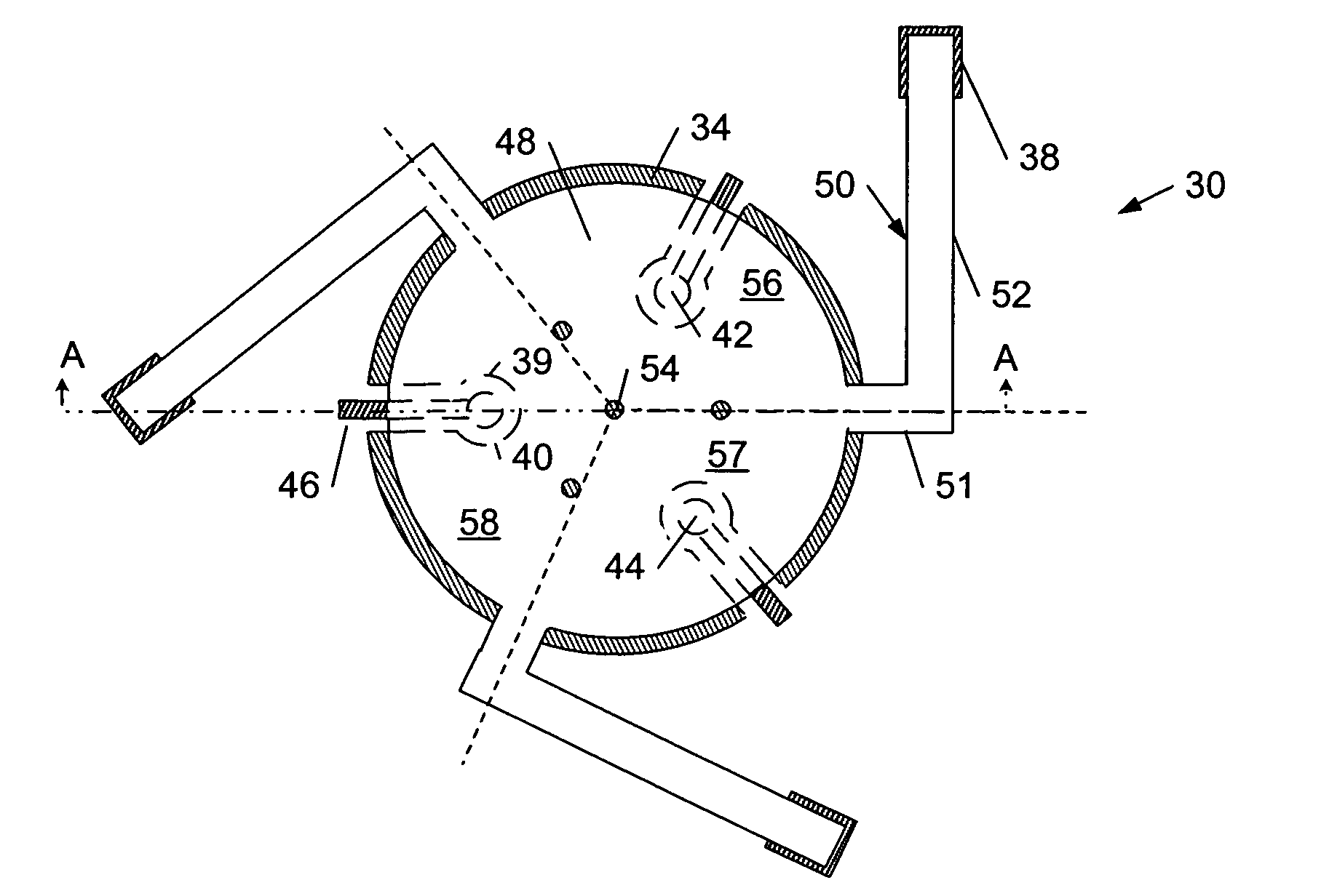 Plate-based microelectromechanical switch having a three-fold relative arrangement of contact structures and support arms