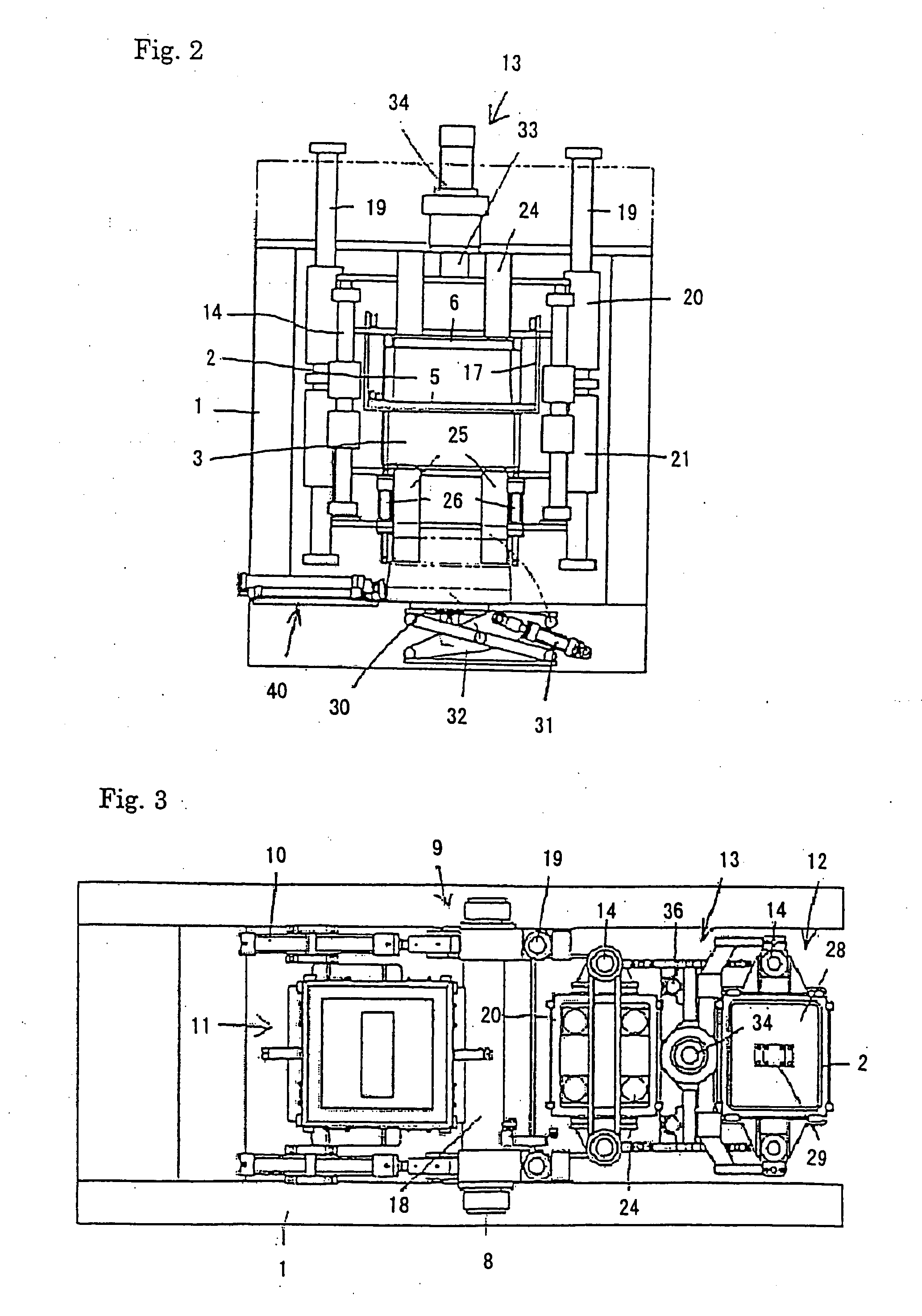 Method for making flaskless upper and lower molds, an apparatus therefor, and a method for placing a core