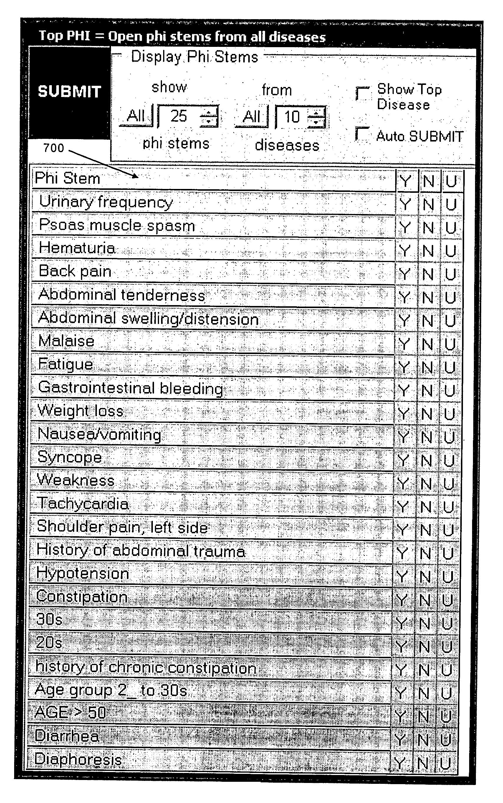 Matrix interface for medical diagnostic and treatment advice system and method